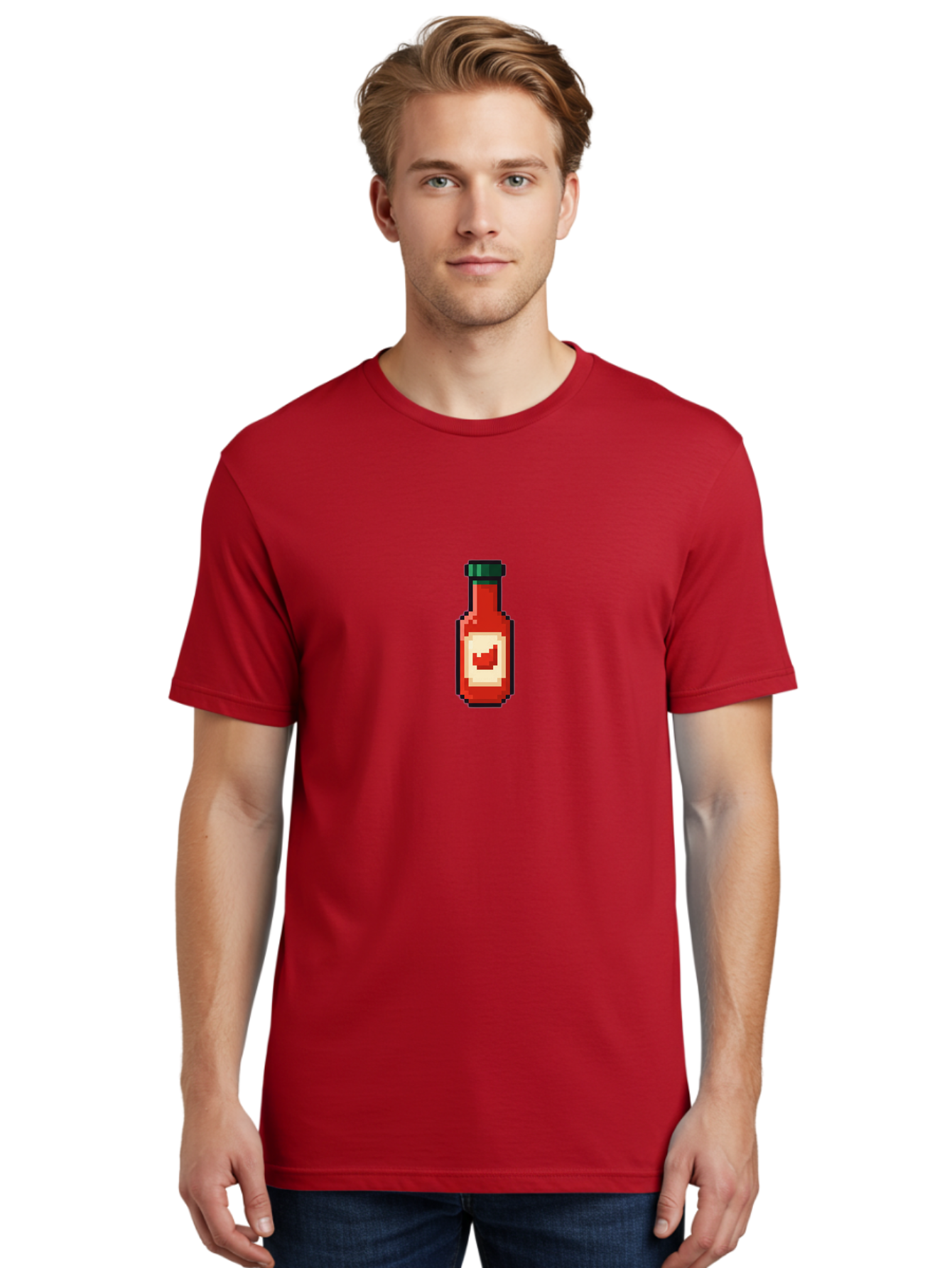 Hot-Sauce-Bottle-4 Men'S Graphic Tee, 100% Cotton, Comfortable Casual Summer Wear, Machine Washable, Hot Sauce, Condiment, Spicy Food, Red Sauce, Pixel Art, Digital Illustration, 8-Bit Style, Retro Gaming Aesthetic Baa828 10