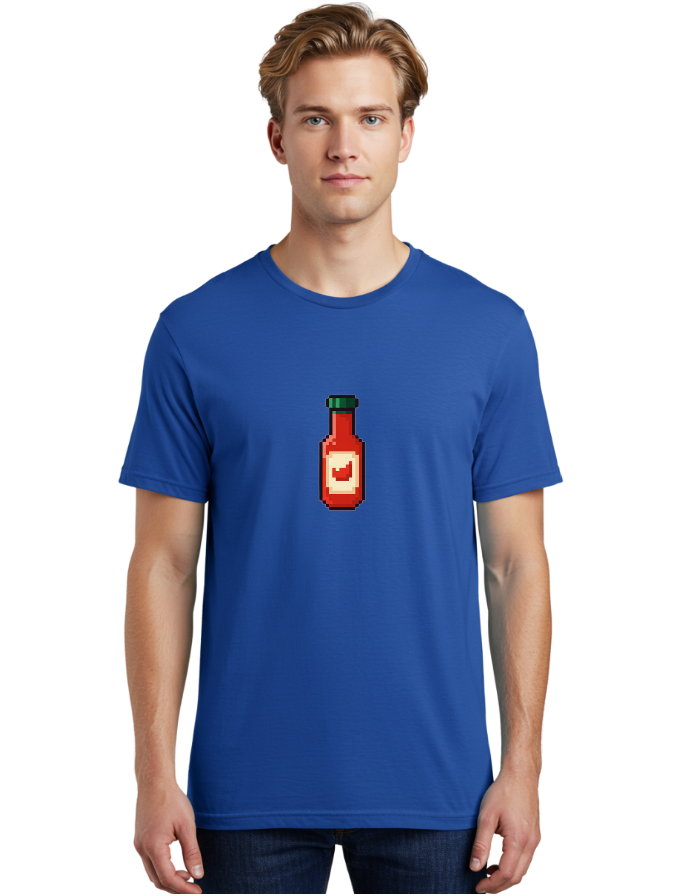 Hot-Sauce-Bottle-4 Men'S Graphic Tee, 100% Cotton, Comfortable Casual Summer Wear, Machine Washable, Hot Sauce, Condiment, Spicy Food, Red Sauce, Pixel Art, Digital Illustration, 8-Bit Style, Retro Gaming Aesthetic Baa828 6