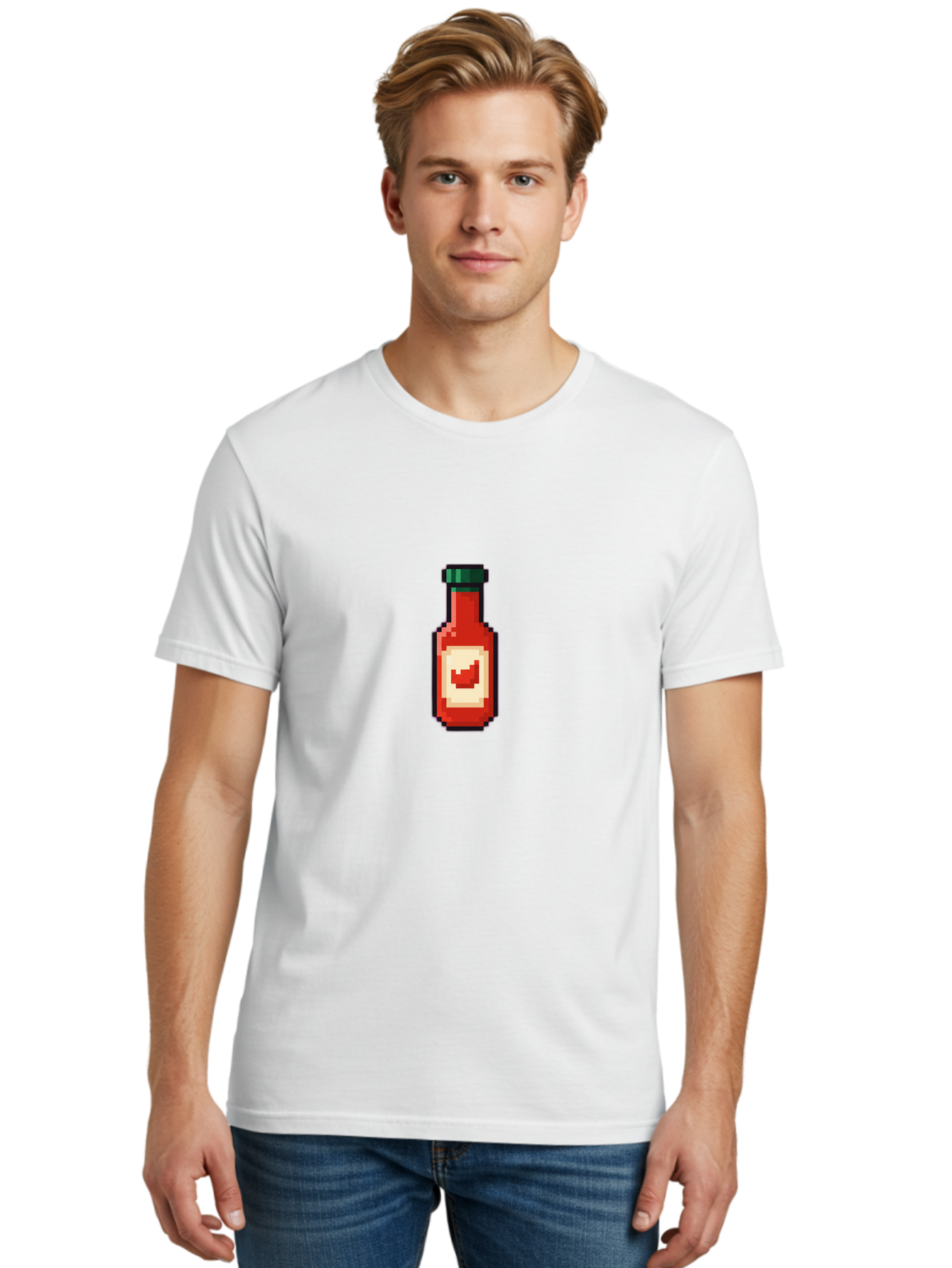 Hot-Sauce-Bottle-4 Men'S Graphic Tee, 100% Cotton, Comfortable Casual Summer Wear, Machine Washable, Hot Sauce, Condiment, Spicy Food, Red Sauce, Pixel Art, Digital Illustration, 8-Bit Style, Retro Gaming Aesthetic Baa828 12