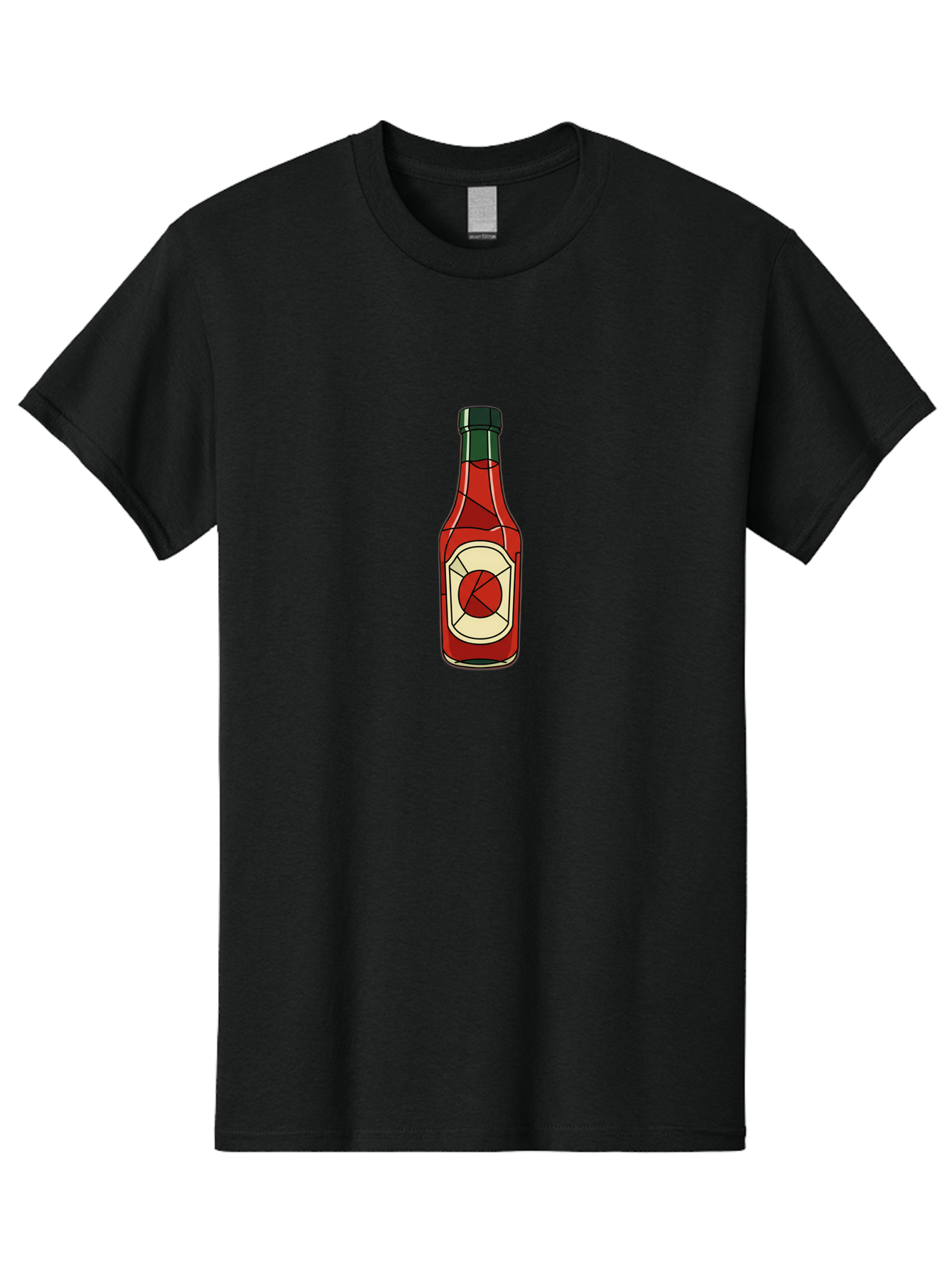 Hot-Sauce-Bottle-5 Men'S Graphic Tee, 100% Cotton, Comfortable Casual Summer Wear, Machine Washable, Hot Sauce Bottle, Spicy Condiment, Red Liquid, Black Cap, Geometric Design, Minimalist Illustration, Cartoon Style, Food Seasoning Baa829 5