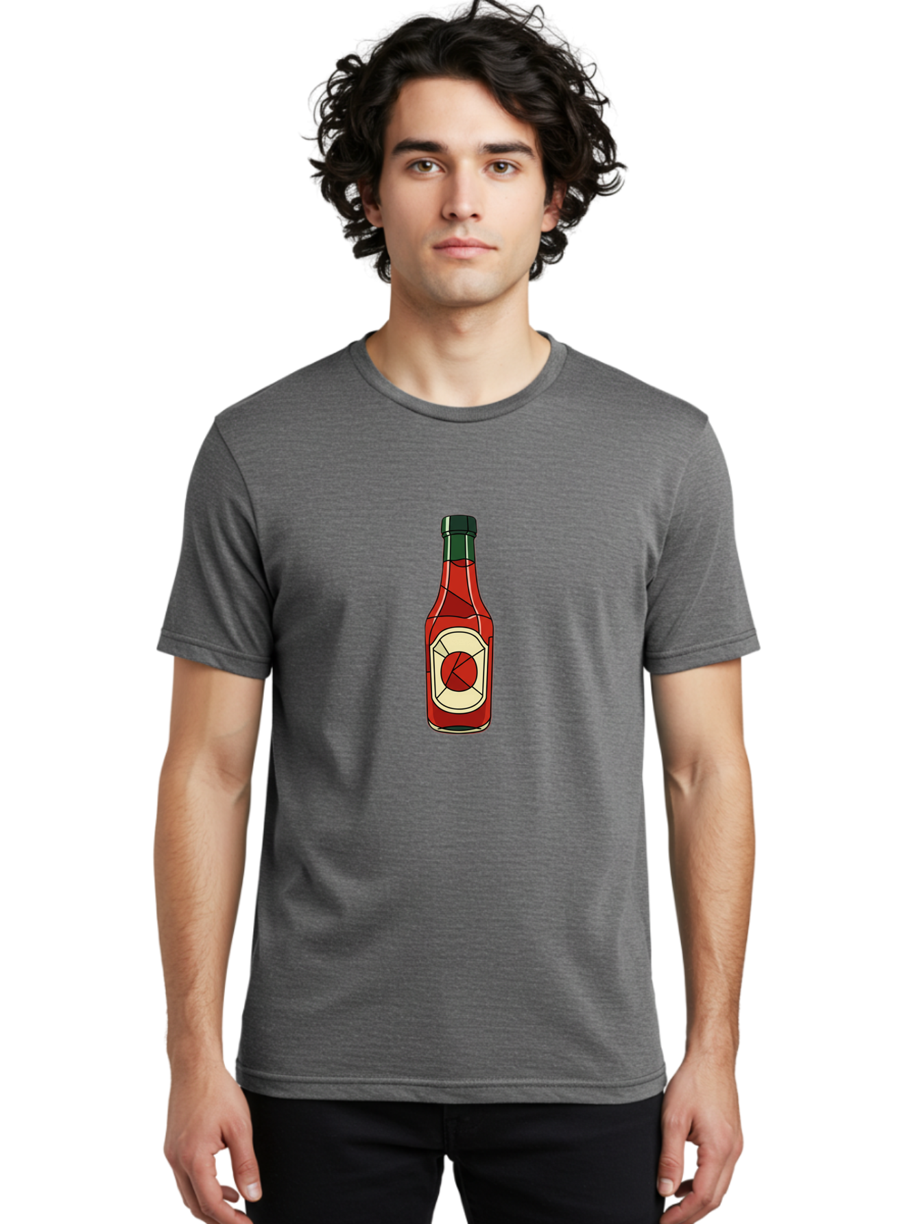 Hot-Sauce-Bottle-5 Men'S Graphic Tee, 100% Cotton, Comfortable Casual Summer Wear, Machine Washable, Hot Sauce Bottle, Spicy Condiment, Red Liquid, Black Cap, Geometric Design, Minimalist Illustration, Cartoon Style, Food Seasoning Baa829 10