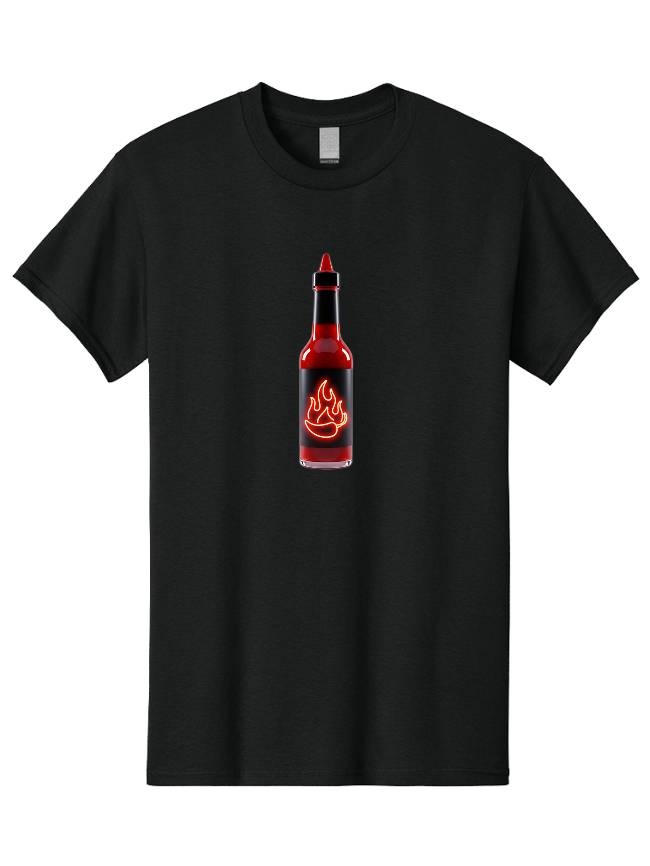 Hot-Sauce-Bottle-9 Men'S Graphic Tee, 100% Cotton, Comfortable Casual Summer Wear, Machine Washable, Hot Sauce, Spicy Condiment, Chili Peppers, Fiery Flavor, Red Sauce, Bottle With Pointed Cap, Neon Flame Design, Black Label Baa833 3