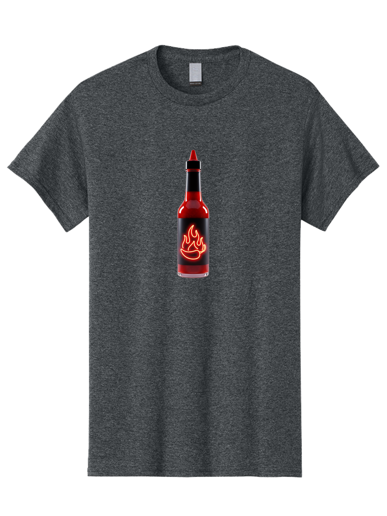 Hot-Sauce-Bottle-9 Men'S Graphic Tee, 100% Cotton, Comfortable Casual Summer Wear, Machine Washable, Hot Sauce, Spicy Condiment, Chili Peppers, Fiery Flavor, Red Sauce, Bottle With Pointed Cap, Neon Flame Design, Black Label Baa833 23