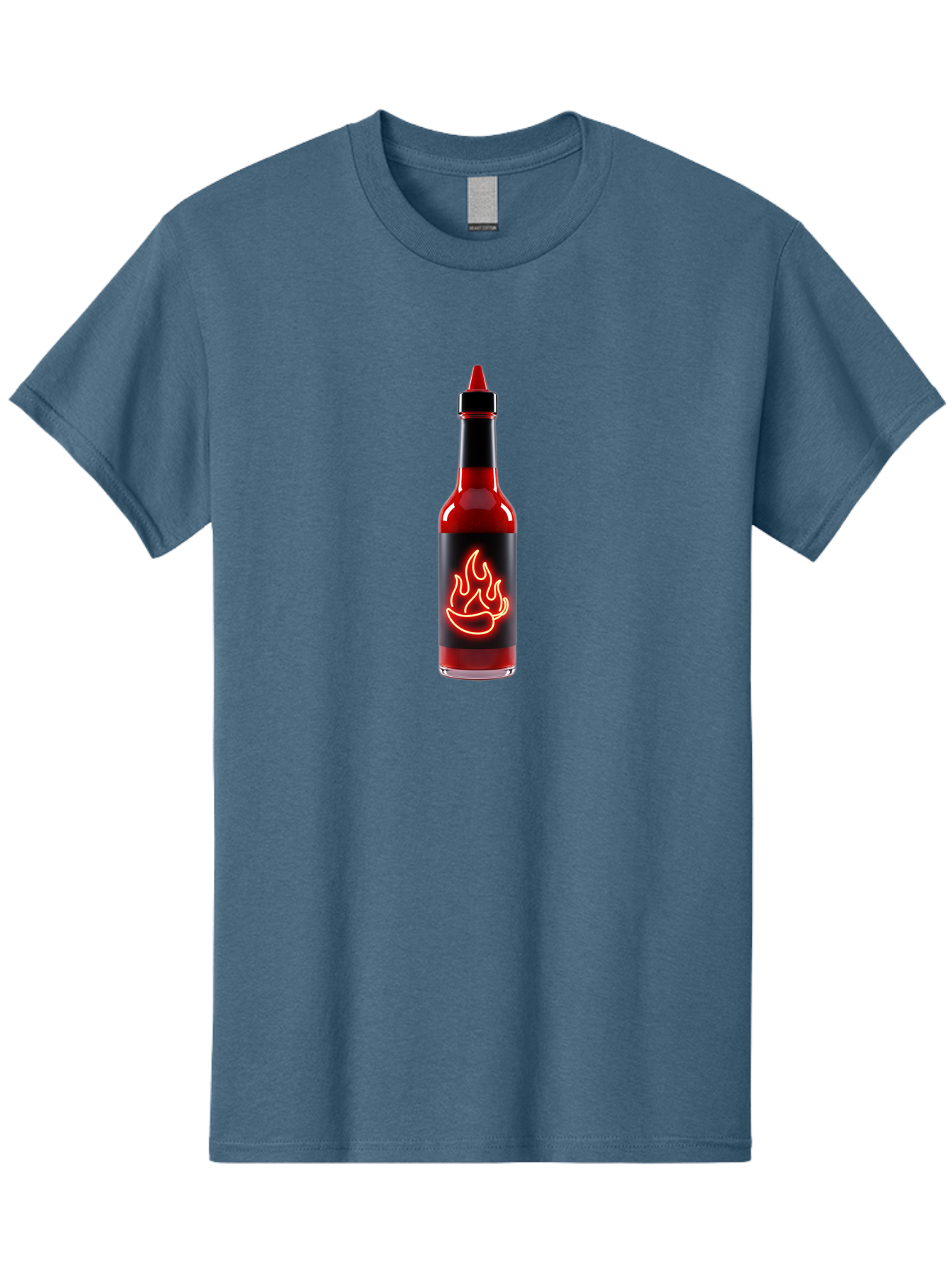 Hot-Sauce-Bottle-9 Men'S Graphic Tee, 100% Cotton, Comfortable Casual Summer Wear, Machine Washable, Hot Sauce, Spicy Condiment, Chili Peppers, Fiery Flavor, Red Sauce, Bottle With Pointed Cap, Neon Flame Design, Black Label Baa833 15
