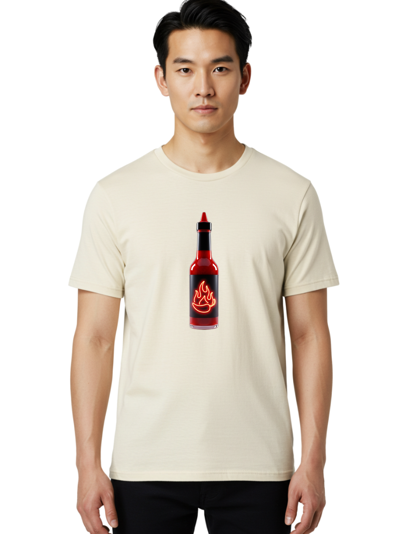 Hot-Sauce-Bottle-9 Men'S Graphic Tee, 100% Cotton, Comfortable Casual Summer Wear, Machine Washable, Hot Sauce, Spicy Condiment, Chili Peppers, Fiery Flavor, Red Sauce, Bottle With Pointed Cap, Neon Flame Design, Black Label Baa833 12