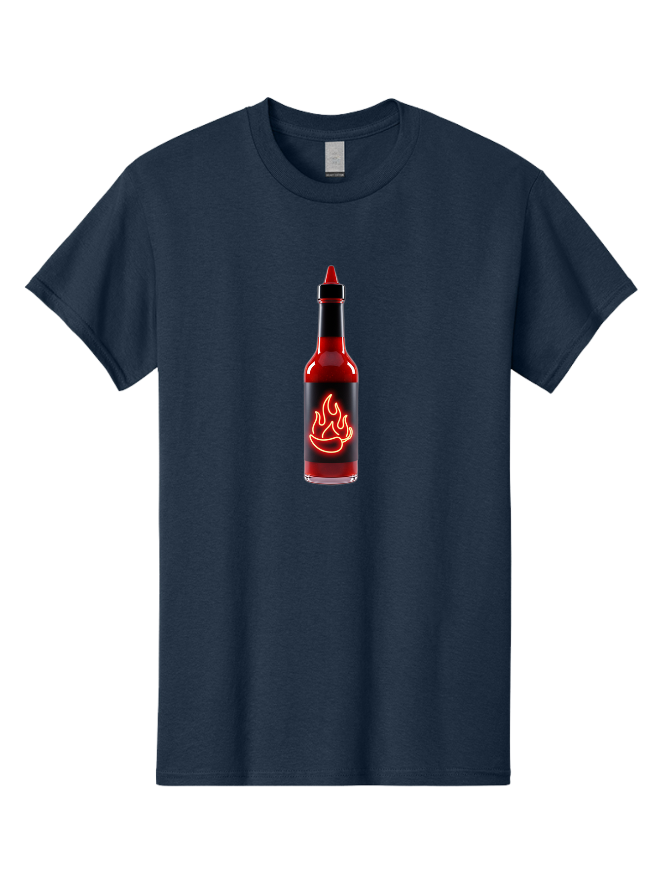 Hot-Sauce-Bottle-9 Men'S Graphic Tee, 100% Cotton, Comfortable Casual Summer Wear, Machine Washable, Hot Sauce, Spicy Condiment, Chili Peppers, Fiery Flavor, Red Sauce, Bottle With Pointed Cap, Neon Flame Design, Black Label Baa833 29