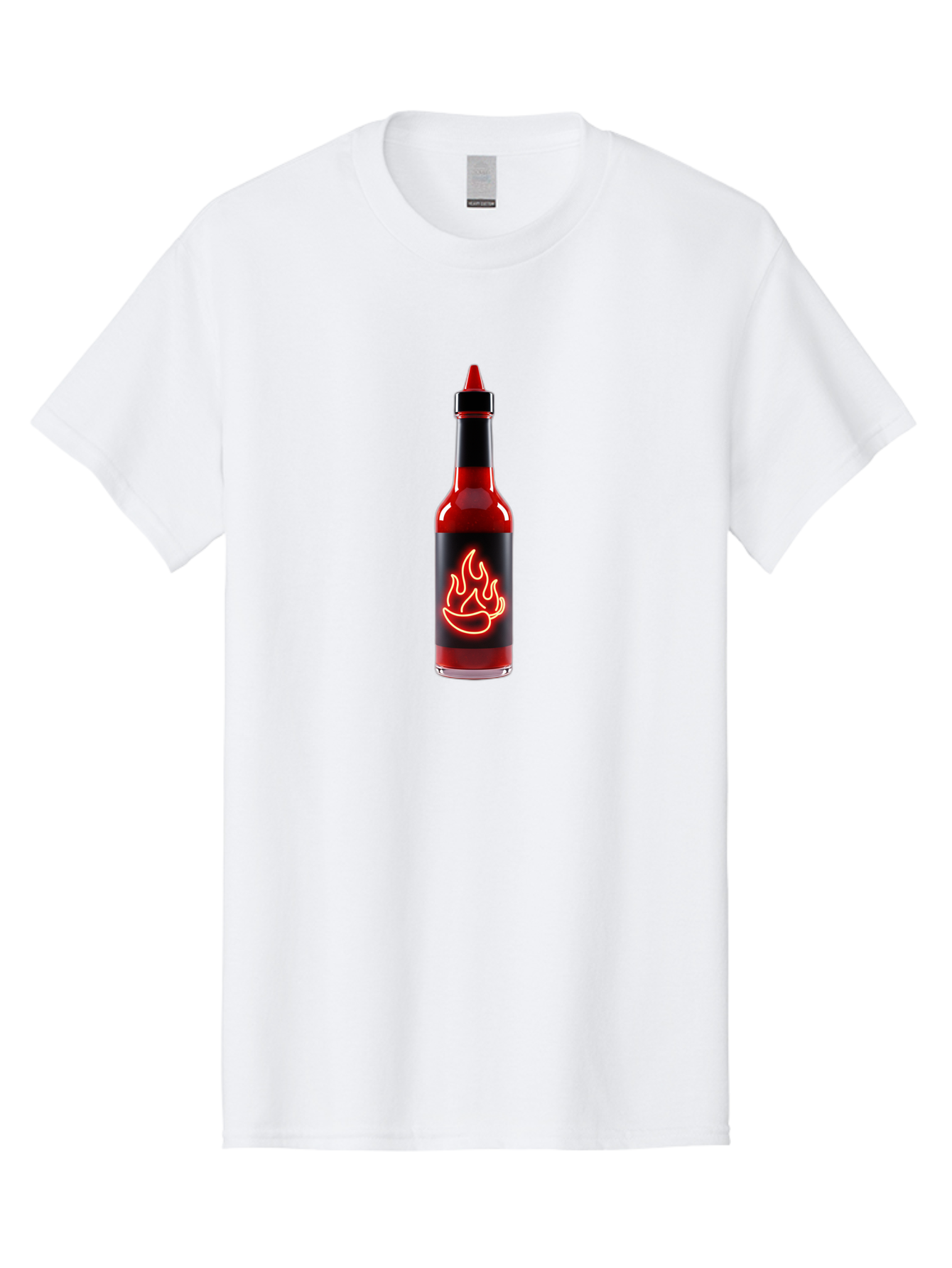 Hot-Sauce-Bottle-9 Men'S Graphic Tee, 100% Cotton, Comfortable Casual Summer Wear, Machine Washable, Hot Sauce, Spicy Condiment, Chili Peppers, Fiery Flavor, Red Sauce, Bottle With Pointed Cap, Neon Flame Design, Black Label Baa833 27