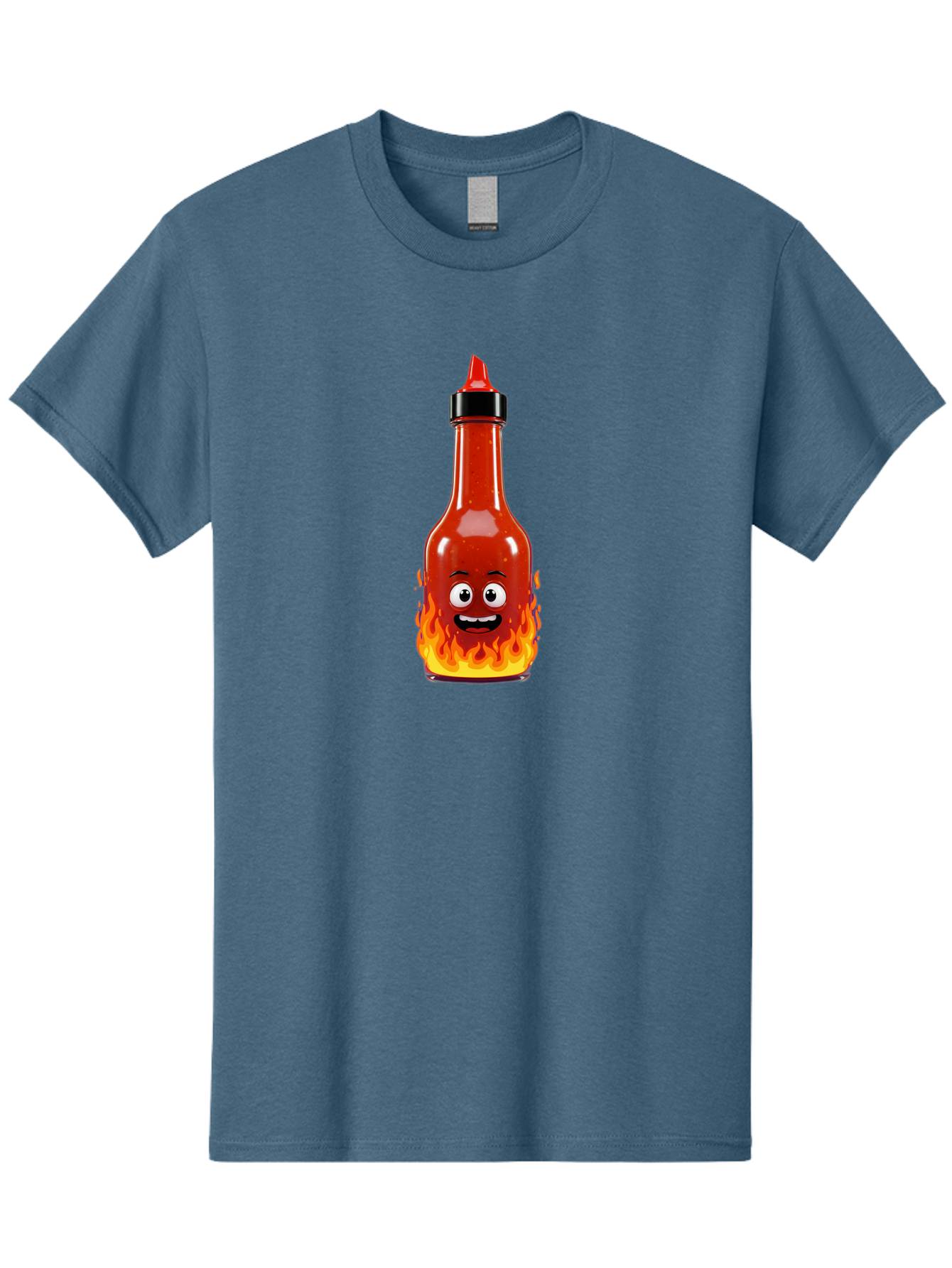 Hot-Sauce-Bottle Men'S Graphic Tee, 100% Cotton, Comfortable Casual Summer Wear, Machine Washable, Hot Sauce Bottle, Cartoon Character, Happy Face, Flames, Spicy Food, Condiment, Cartoon Illustration, Vibrant Colors, Playful Design, Baa835 15