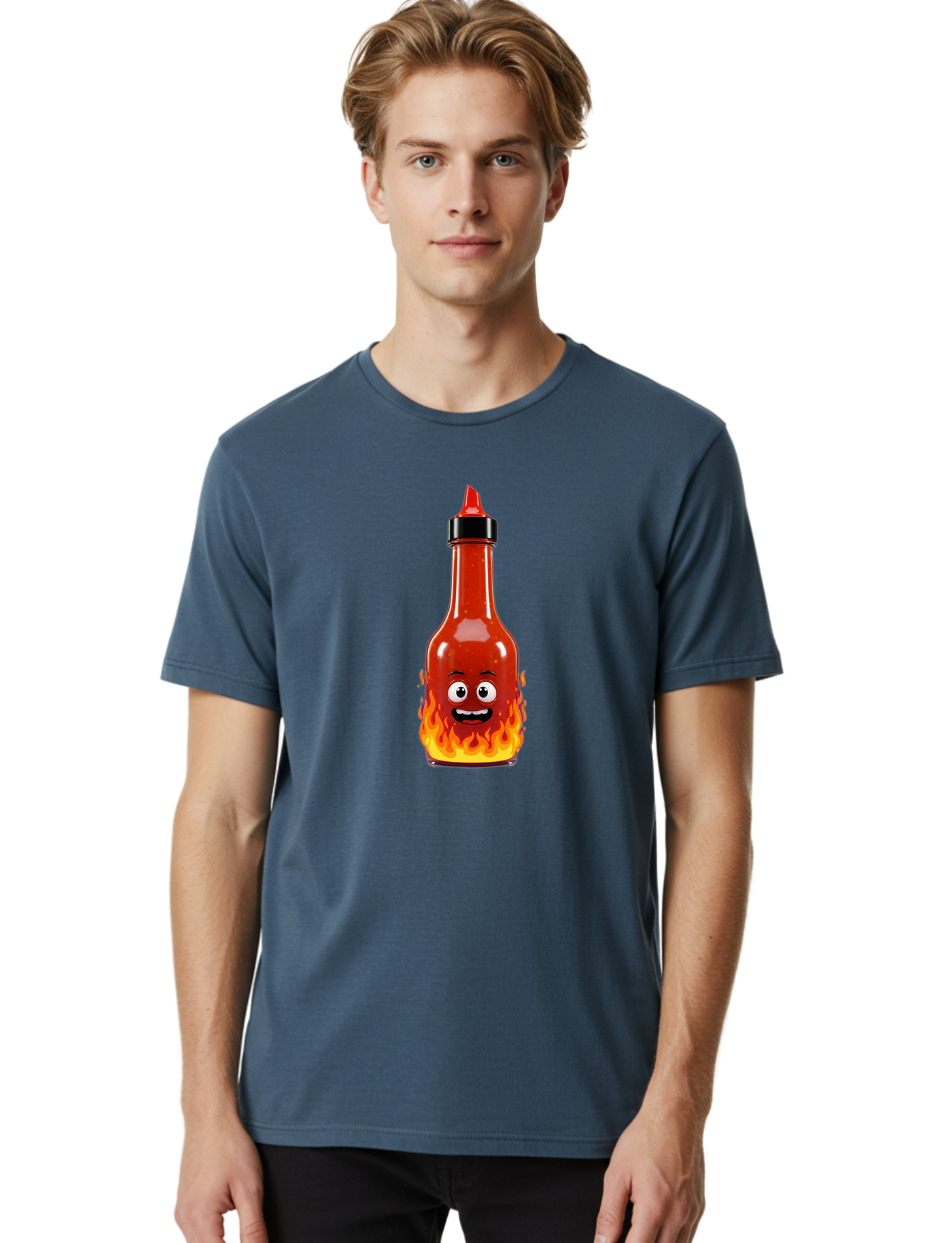 Hot-Sauce-Bottle Men'S Graphic Tee, 100% Cotton, Comfortable Casual Summer Wear, Machine Washable, Hot Sauce Bottle, Cartoon Character, Happy Face, Flames, Spicy Food, Condiment, Cartoon Illustration, Vibrant Colors, Playful Design, Baa835 16