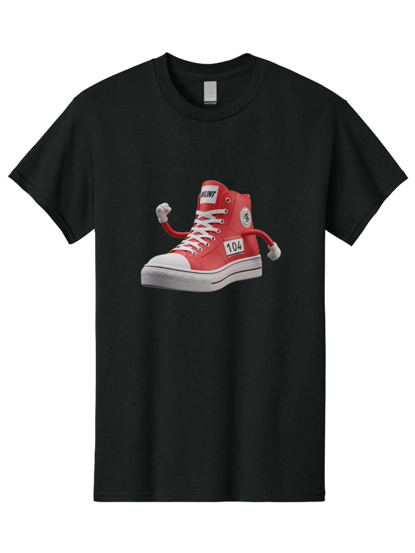 Hunt Men'S Graphic Tee, 100% Cotton, Comfortable Casual Summer Wear, Machine Washable, Red High-Top Sneaker, Hunt Logo, 104 Label, Cartoon Hands, Quirky Design, Bold Fashion Statement, Sneakers With Arms, Humorous Illustration, Baa851 5