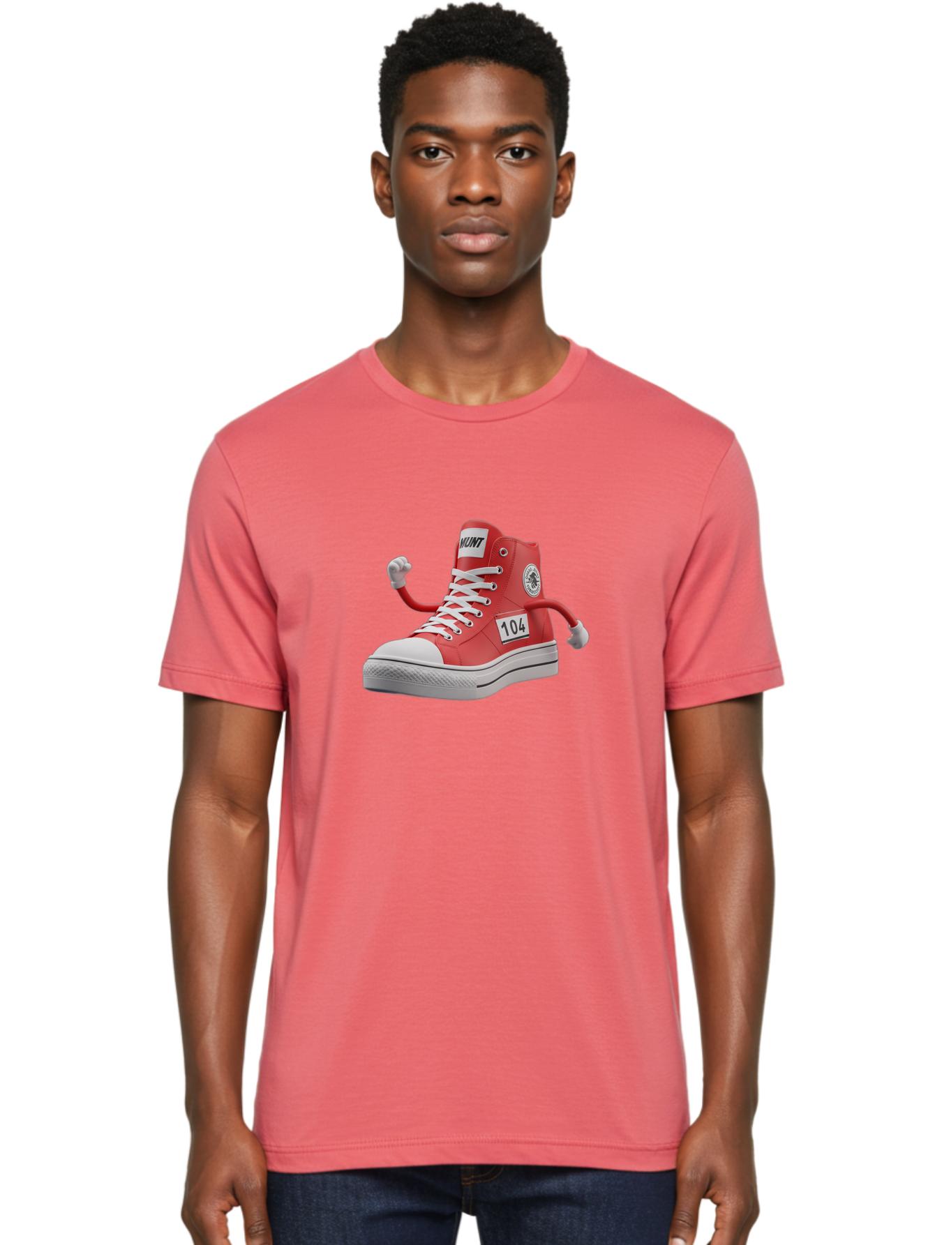 Hunt Men'S Graphic Tee, 100% Cotton, Comfortable Casual Summer Wear, Machine Washable, Red High-Top Sneaker, Hunt Logo, 104 Label, Cartoon Hands, Quirky Design, Bold Fashion Statement, Sneakers With Arms, Humorous Illustration, Baa851 12