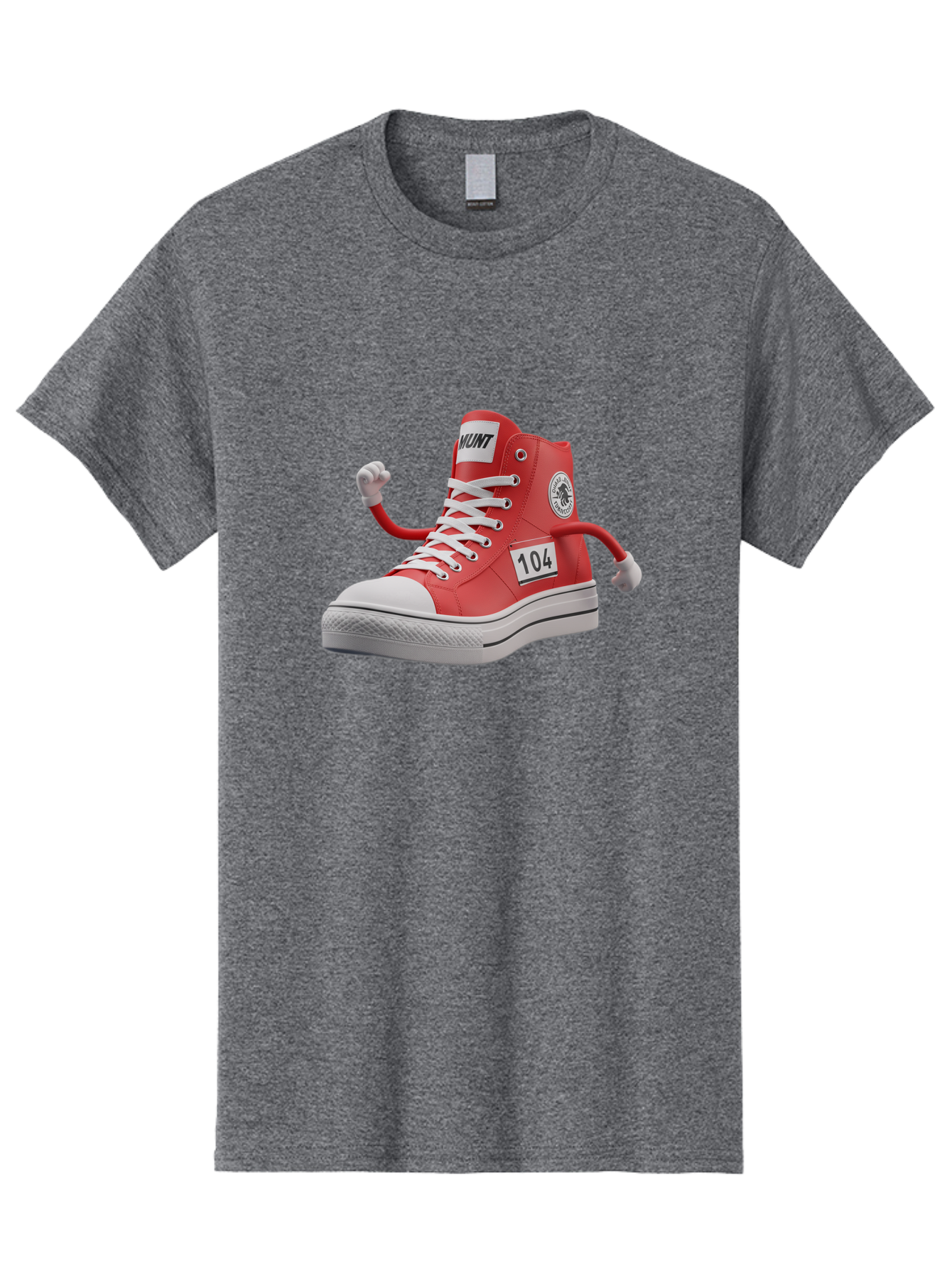 Hunt Men'S Graphic Tee, 100% Cotton, Comfortable Casual Summer Wear, Machine Washable, Red High-Top Sneaker, Hunt Logo, 104 Label, Cartoon Hands, Quirky Design, Bold Fashion Statement, Sneakers With Arms, Humorous Illustration, Baa851 17