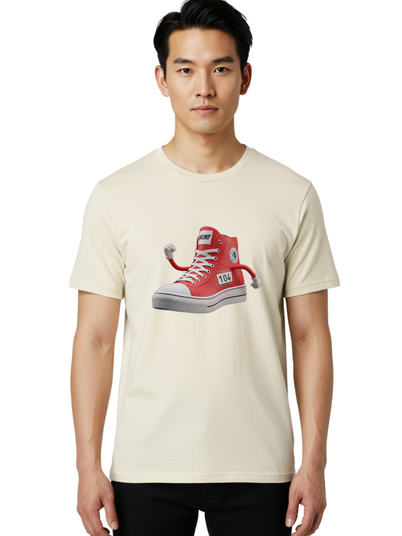 Hunt Men'S Graphic Tee, 100% Cotton, Comfortable Casual Summer Wear, Machine Washable, Red High-Top Sneaker, Hunt Logo, 104 Label, Cartoon Hands, Quirky Design, Bold Fashion Statement, Sneakers With Arms, Humorous Illustration, Baa851 28