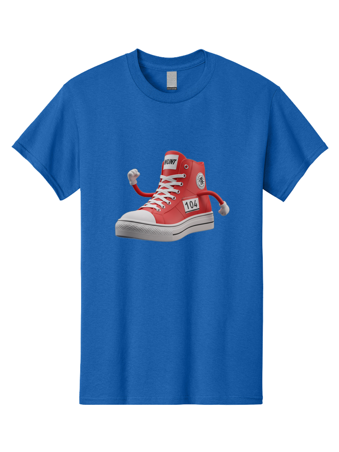 Hunt Men'S Graphic Tee, 100% Cotton, Comfortable Casual Summer Wear, Machine Washable, Red High-Top Sneaker, Hunt Logo, 104 Label, Cartoon Hands, Quirky Design, Bold Fashion Statement, Sneakers With Arms, Humorous Illustration, Baa851 7