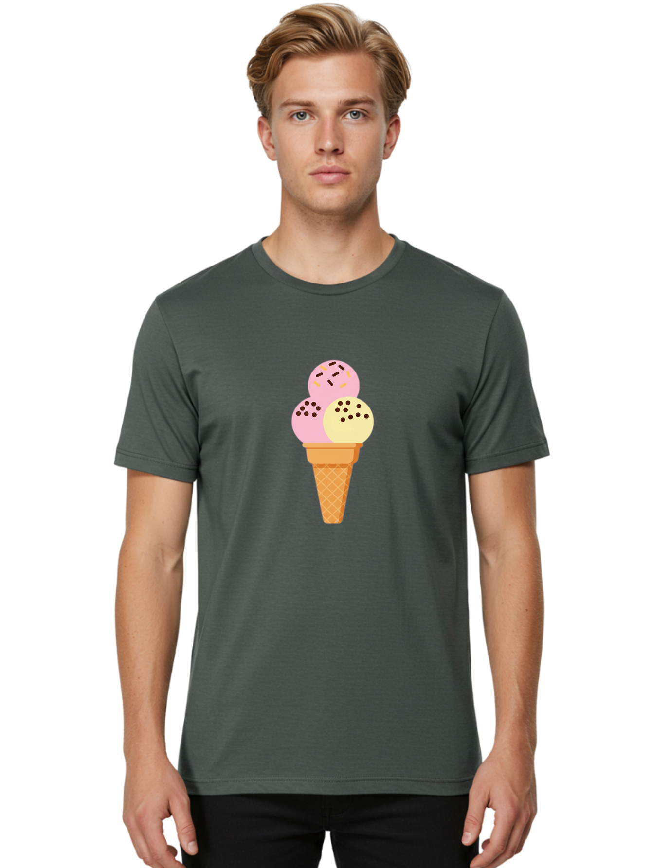 Ice-Cream-Cone-15 Men'S Graphic Tee, 100% Cotton, Comfortable Casual Summer Wear, Machine Washable, Ice Cream Cone, Three Scoops, Pink And Yellow Ice Cream, Chocolate Chips, Sprinkles, Frozen Dessert, Sweet Treat, Dessert Lover, Baa860 8