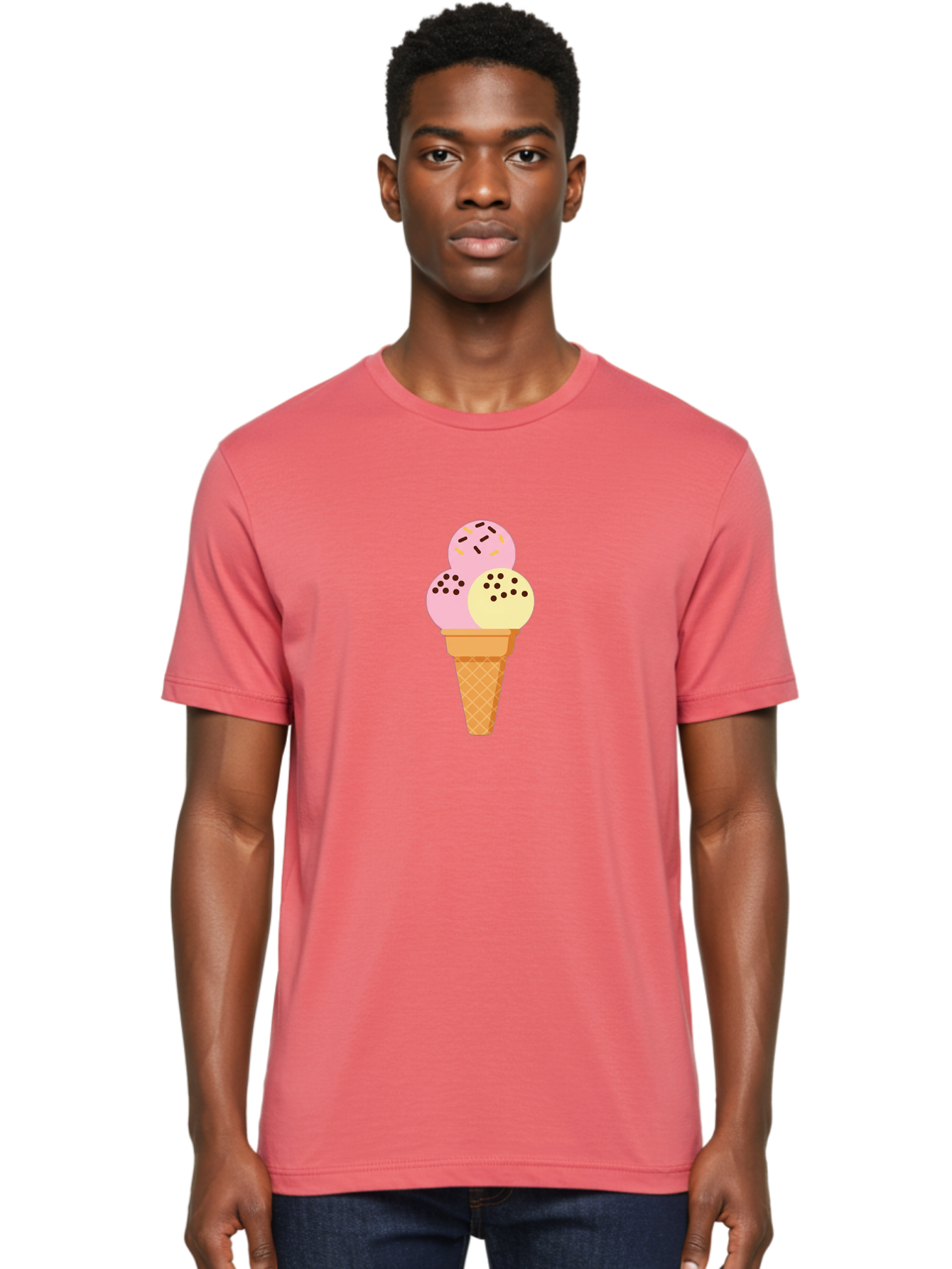 Ice-Cream-Cone-15 Men'S Graphic Tee, 100% Cotton, Comfortable Casual Summer Wear, Machine Washable, Ice Cream Cone, Three Scoops, Pink And Yellow Ice Cream, Chocolate Chips, Sprinkles, Frozen Dessert, Sweet Treat, Dessert Lover, Baa860 22