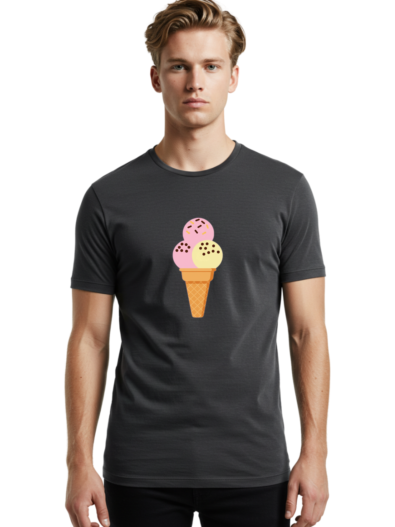 Ice-Cream-Cone-15 Men'S Graphic Tee, 100% Cotton, Comfortable Casual Summer Wear, Machine Washable, Ice Cream Cone, Three Scoops, Pink And Yellow Ice Cream, Chocolate Chips, Sprinkles, Frozen Dessert, Sweet Treat, Dessert Lover, Baa860 4