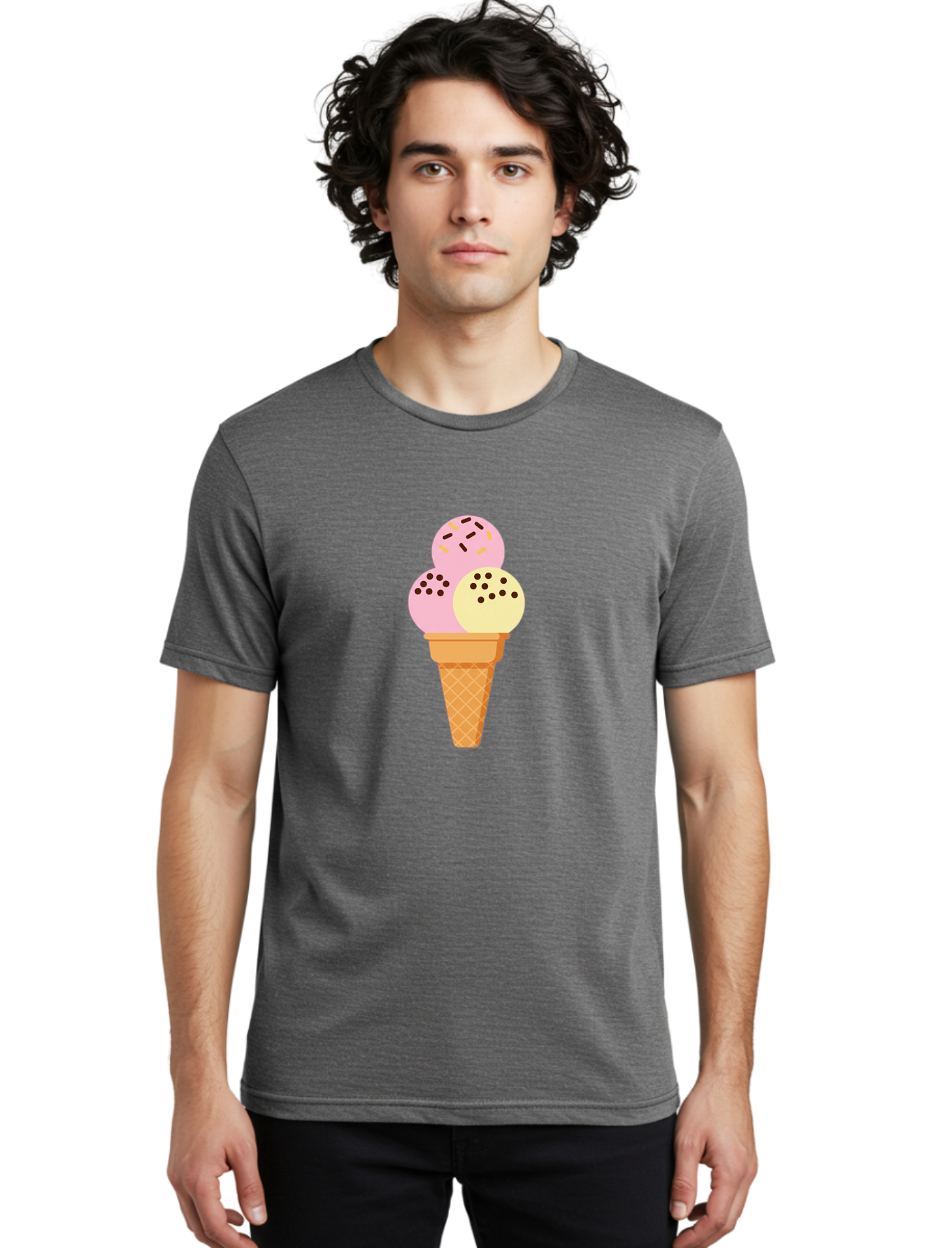 Ice-Cream-Cone-15 Men'S Graphic Tee, 100% Cotton, Comfortable Casual Summer Wear, Machine Washable, Ice Cream Cone, Three Scoops, Pink And Yellow Ice Cream, Chocolate Chips, Sprinkles, Frozen Dessert, Sweet Treat, Dessert Lover, Baa860 16