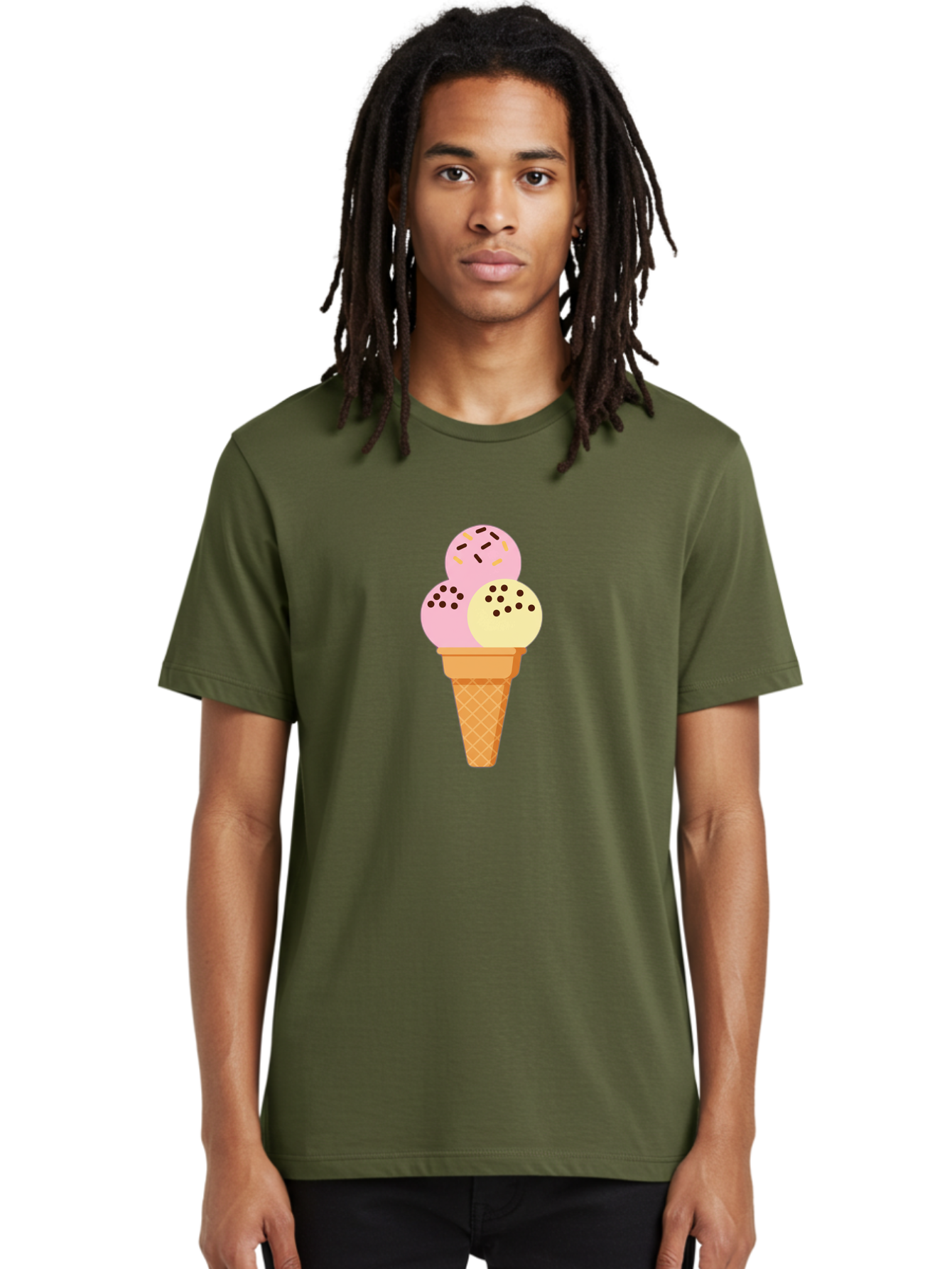 Ice-Cream-Cone-15 Men'S Graphic Tee, 100% Cotton, Comfortable Casual Summer Wear, Machine Washable, Ice Cream Cone, Three Scoops, Pink And Yellow Ice Cream, Chocolate Chips, Sprinkles, Frozen Dessert, Sweet Treat, Dessert Lover, Baa860 6