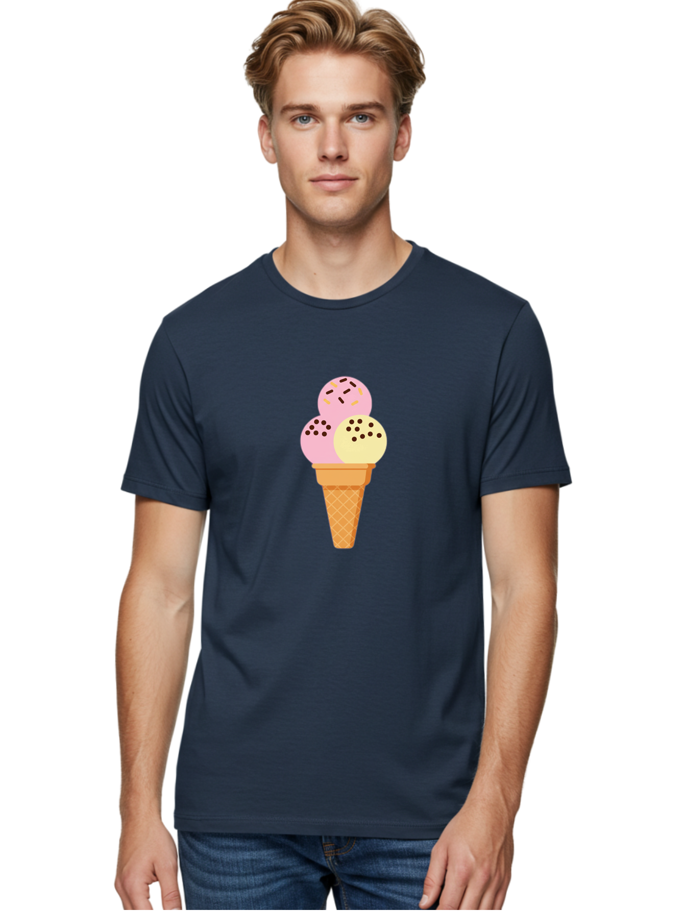 Ice-Cream-Cone-15 Men'S Graphic Tee, 100% Cotton, Comfortable Casual Summer Wear, Machine Washable, Ice Cream Cone, Three Scoops, Pink And Yellow Ice Cream, Chocolate Chips, Sprinkles, Frozen Dessert, Sweet Treat, Dessert Lover, Baa860 28