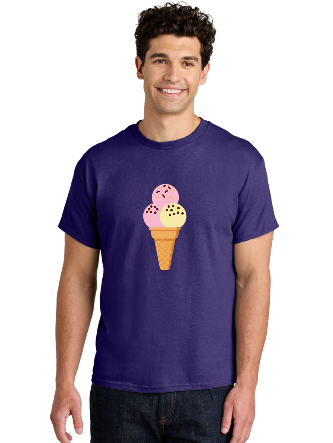Ice-Cream-Cone-15 Men'S Graphic Tee, 100% Cotton, Comfortable Casual Summer Wear, Machine Washable, Ice Cream Cone, Three Scoops, Pink And Yellow Ice Cream, Chocolate Chips, Sprinkles, Frozen Dessert, Sweet Treat, Dessert Lover, Baa860 24