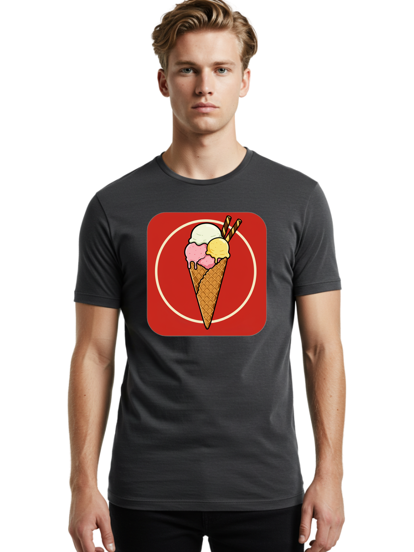 Ice-Cream-Cone-7 Men'S Graphic Tee, 100% Cotton, Comfortable Casual Summer Wear, Machine Washable, Ice Cream Cone, Three Scoops, Waffle Cone, Dessert, Sweet Treats, Colorful Illustration, Ice Cream Lovers, Tasty Delights Baa868 2