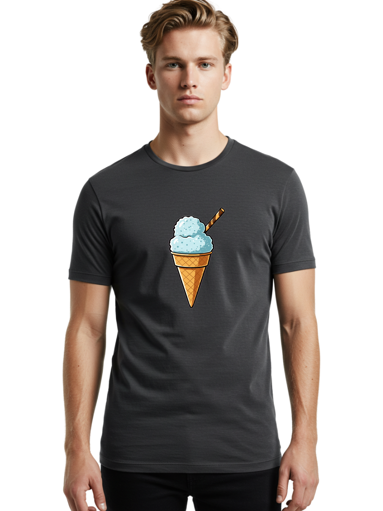 Ice-Cream-Cone-8 Men'S Graphic Tee, 100% Cotton, Comfortable Casual Summer Wear, Machine Washable, Blue Ice Cream, Waffle Cone, Striped Straw, Cartoon Style, Sweet Treat, Frozen Dessert, Summer Snack, Ice Cream Lover Baa869 4