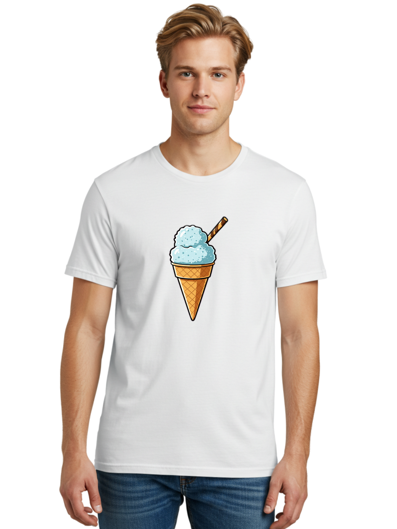 Ice-Cream-Cone-8 Men'S Graphic Tee, 100% Cotton, Comfortable Casual Summer Wear, Machine Washable, Blue Ice Cream, Waffle Cone, Striped Straw, Cartoon Style, Sweet Treat, Frozen Dessert, Summer Snack, Ice Cream Lover Baa869 22
