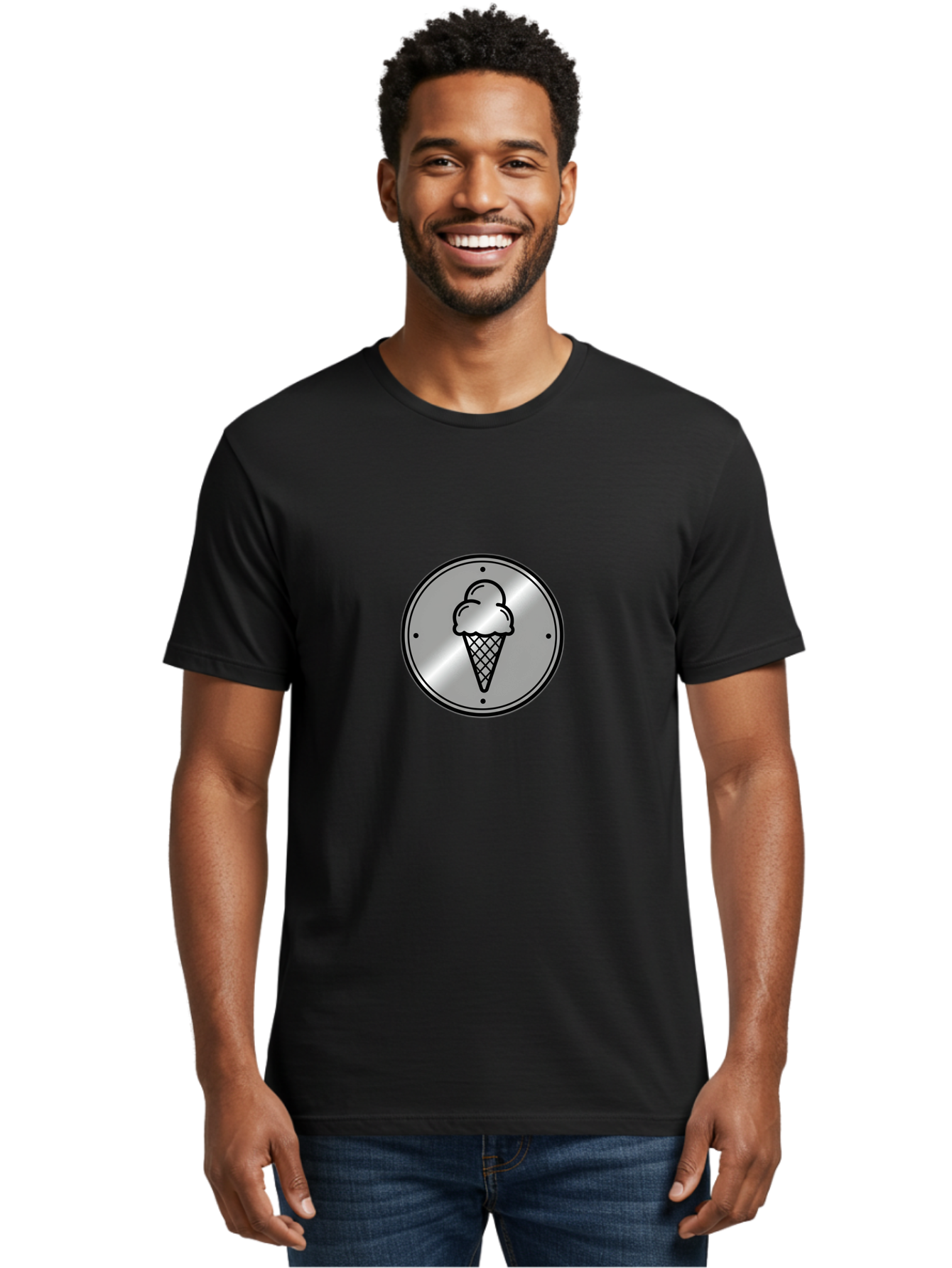 Ice-Cream-Cone-Icon Men'S Graphic Tee, 100% Cotton, Comfortable Casual Summer Wear, Machine Washable, Ice Cream Cone, Sweet Treat, Dessert Icon, Frozen Yogurt, Creamy Texture, Black Outline, Silver Badge, Modern Design, Simple Illustration Baa873 24
