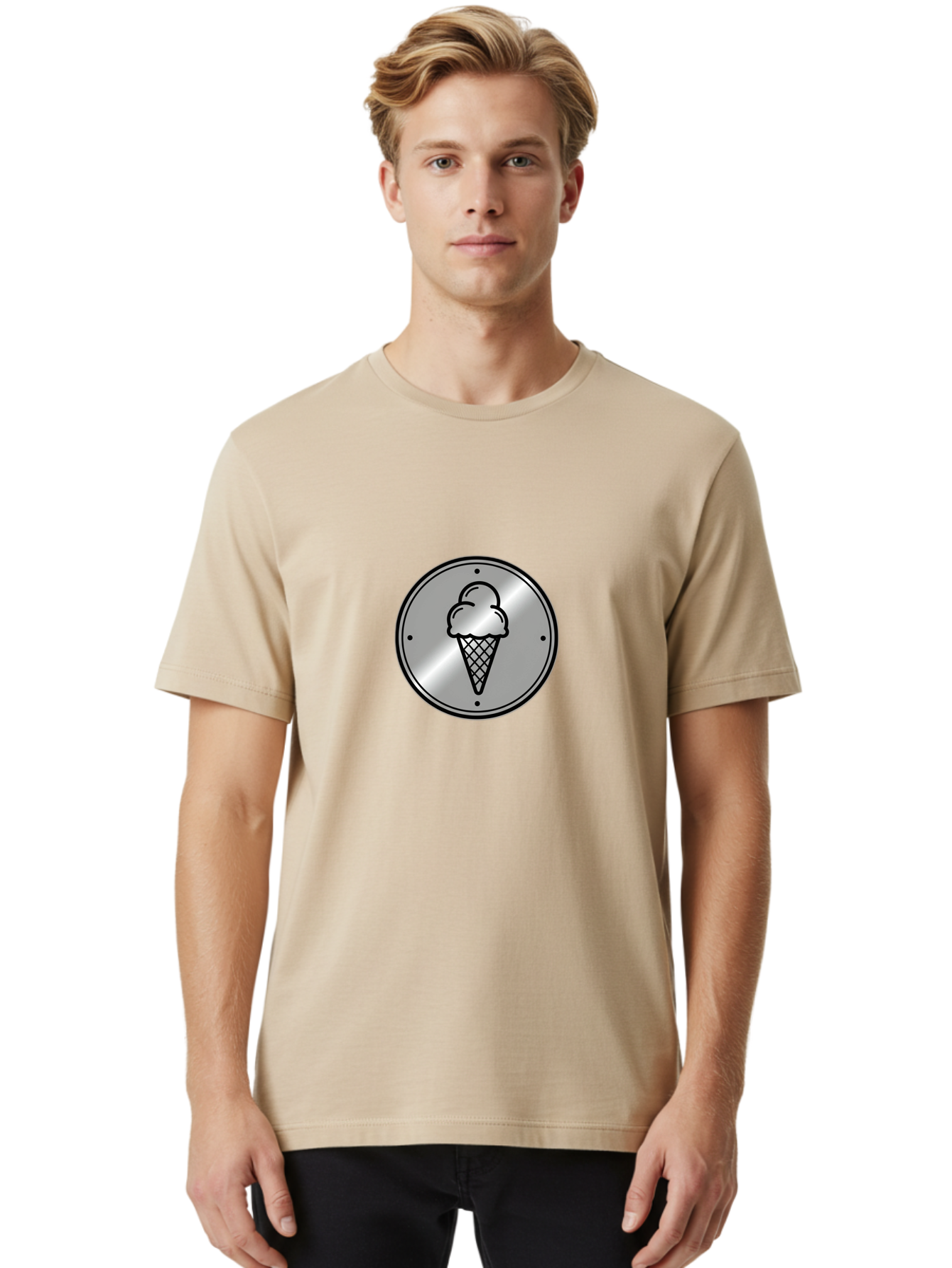 Ice-Cream-Cone-Icon Men'S Graphic Tee, 100% Cotton, Comfortable Casual Summer Wear, Machine Washable, Ice Cream Cone, Sweet Treat, Dessert Icon, Frozen Yogurt, Creamy Texture, Black Outline, Silver Badge, Modern Design, Simple Illustration Baa873 20