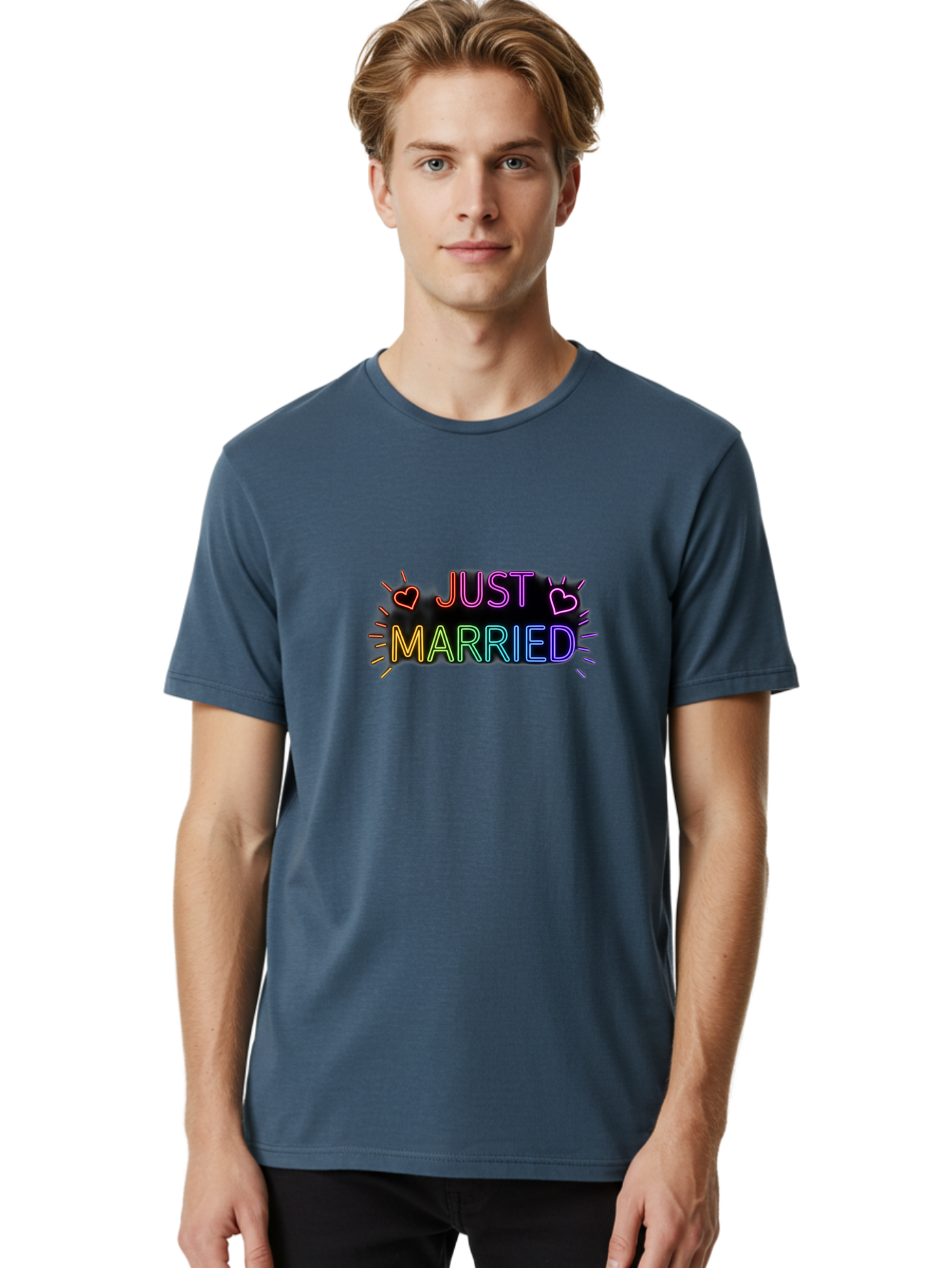 Just-Married-1 Men'S Graphic Tee, 100% Cotton, Comfortable Casual Summer Wear, Machine Washable, Neon Just Married Sign, Colorful Hearts, Rainbow Colors, Love Symbol, Wedding Decoration, Couple Goals, Romantic Gesture, Glowing Text, Baa883 28