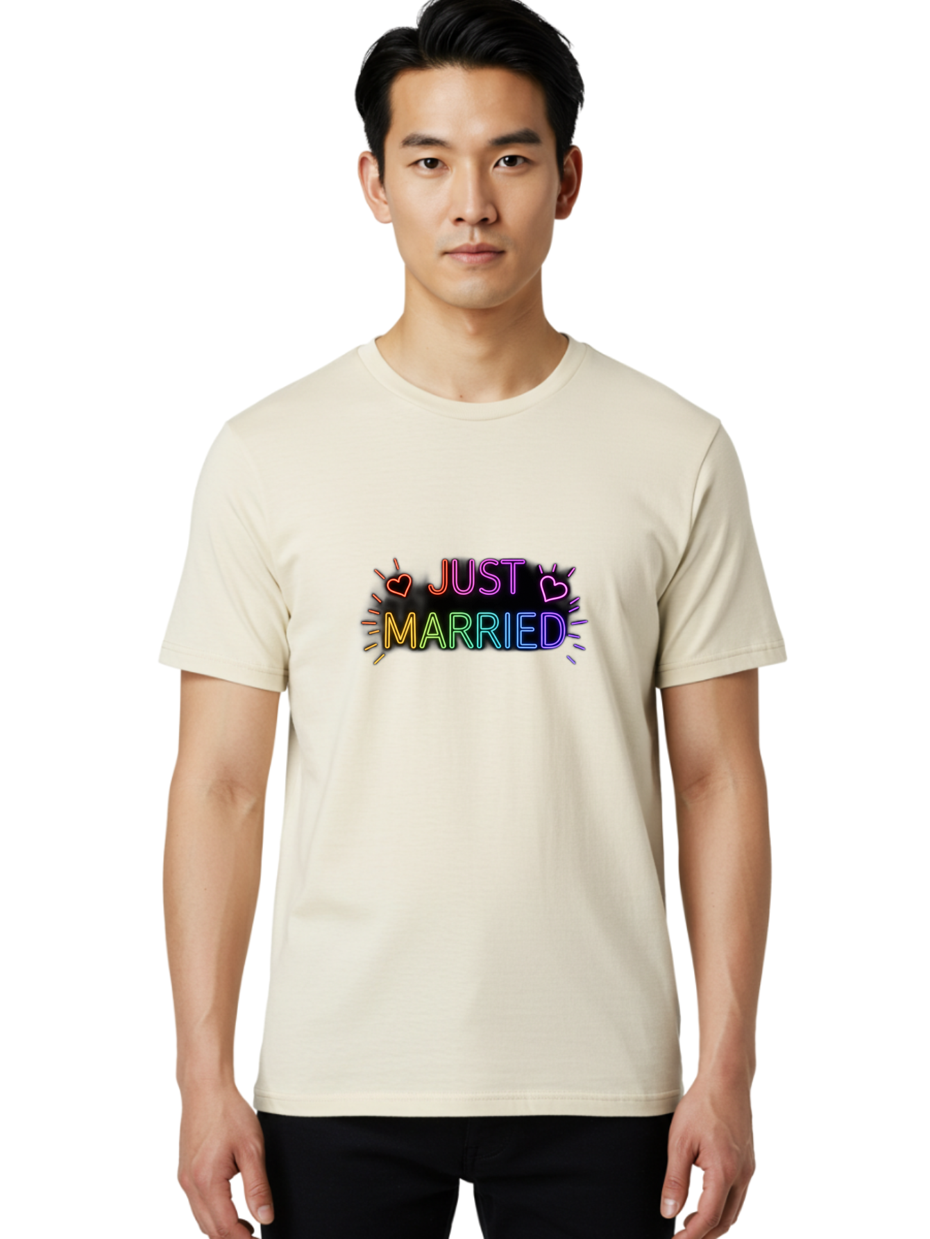 Just-Married-1 Men'S Graphic Tee, 100% Cotton, Comfortable Casual Summer Wear, Machine Washable, Neon Just Married Sign, Colorful Hearts, Rainbow Colors, Love Symbol, Wedding Decoration, Couple Goals, Romantic Gesture, Glowing Text, Baa883 20