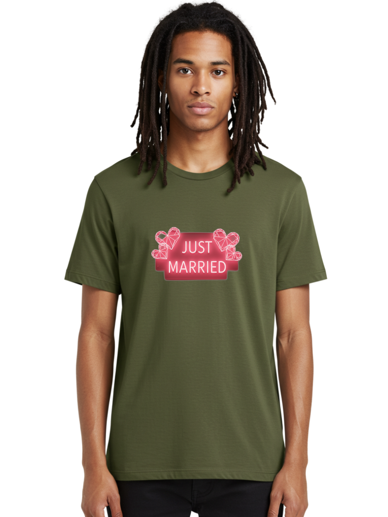 Just-Married-10 Men'S Graphic Tee, 100% Cotton, Comfortable Casual Summer Wear, Machine Washable, Just Married Sign, Wedding Decoration, Love Hearts, Neon Sign, Pink Hearts, Wedding Celebration, Geometric Hearts, Festive Decoration, Baa884 4