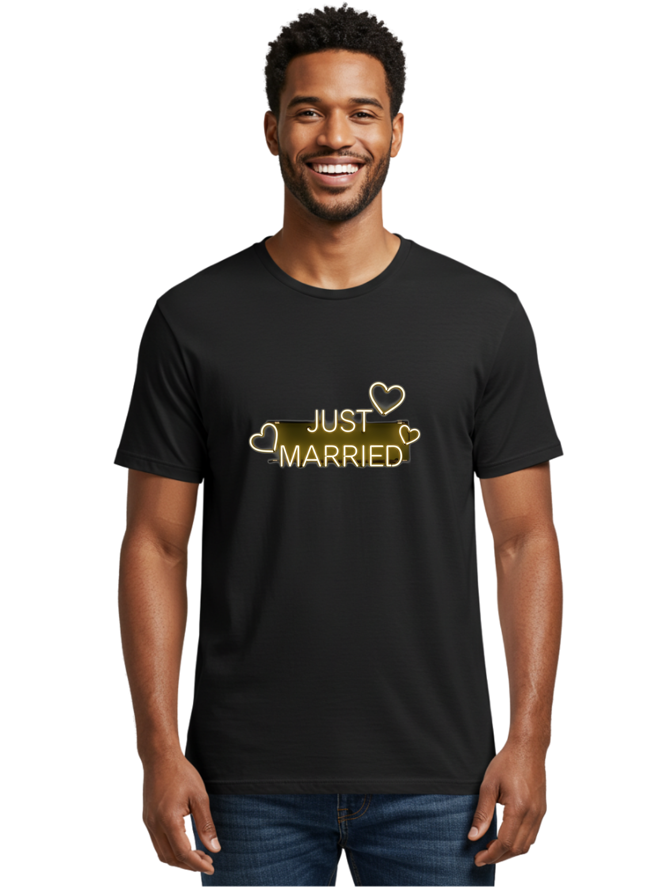 Just-Married-11 Men'S Graphic Tee, 100% Cotton, Comfortable Casual Summer Wear, Machine Washable, Just Married, Neon Sign, Heart Shaped Lights, Wedding Decor, Love Symbol, Romantic Ambiance, Glowing Hearts, Wedding Celebration, Marriage Bliss, Baa885 10