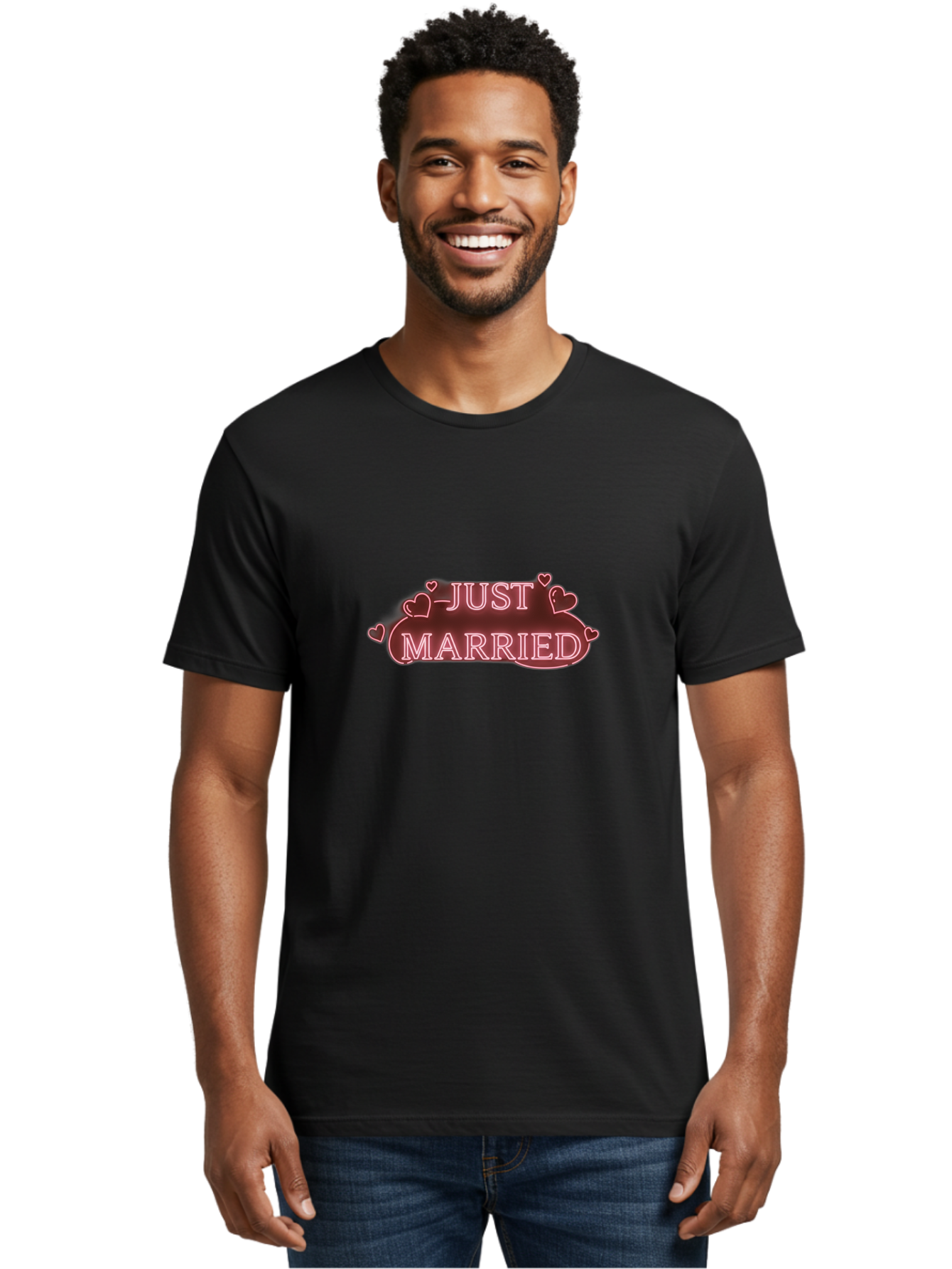 Just-Married-3 Men'S Graphic Tee, 100% Cotton, Comfortable Casual Summer Wear, Machine Washable, Just Married Sign, Wedding Decor, Love Hearts, Pink Neon Lights, Marriage Celebration, Wedding Decoration Ideas, Happy Couple, Baa887 14