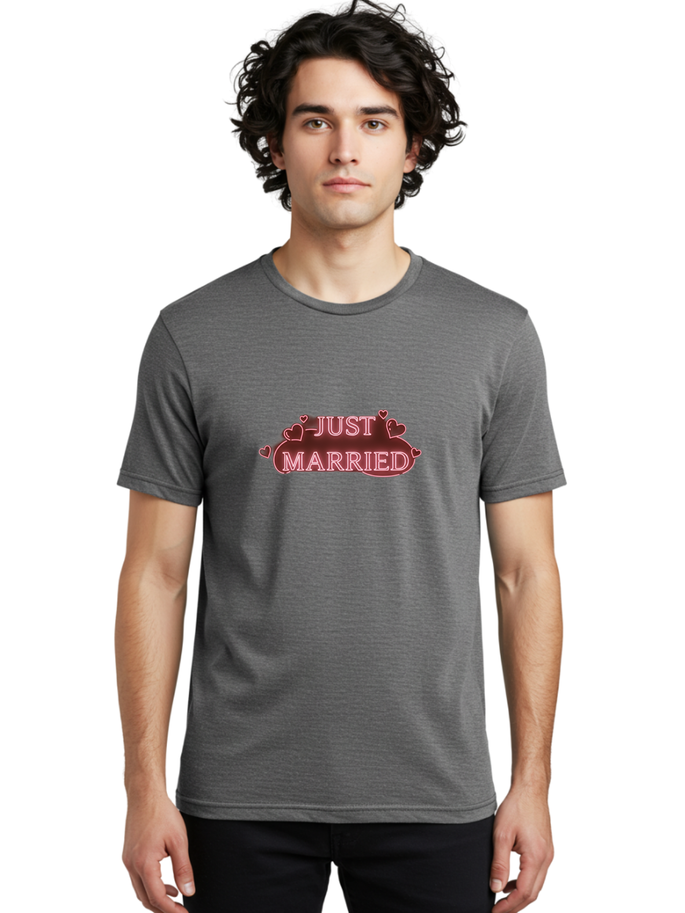 Just-Married-3 Men'S Graphic Tee, 100% Cotton, Comfortable Casual Summer Wear, Machine Washable, Just Married Sign, Wedding Decor, Love Hearts, Pink Neon Lights, Marriage Celebration, Wedding Decoration Ideas, Happy Couple, Baa887 30