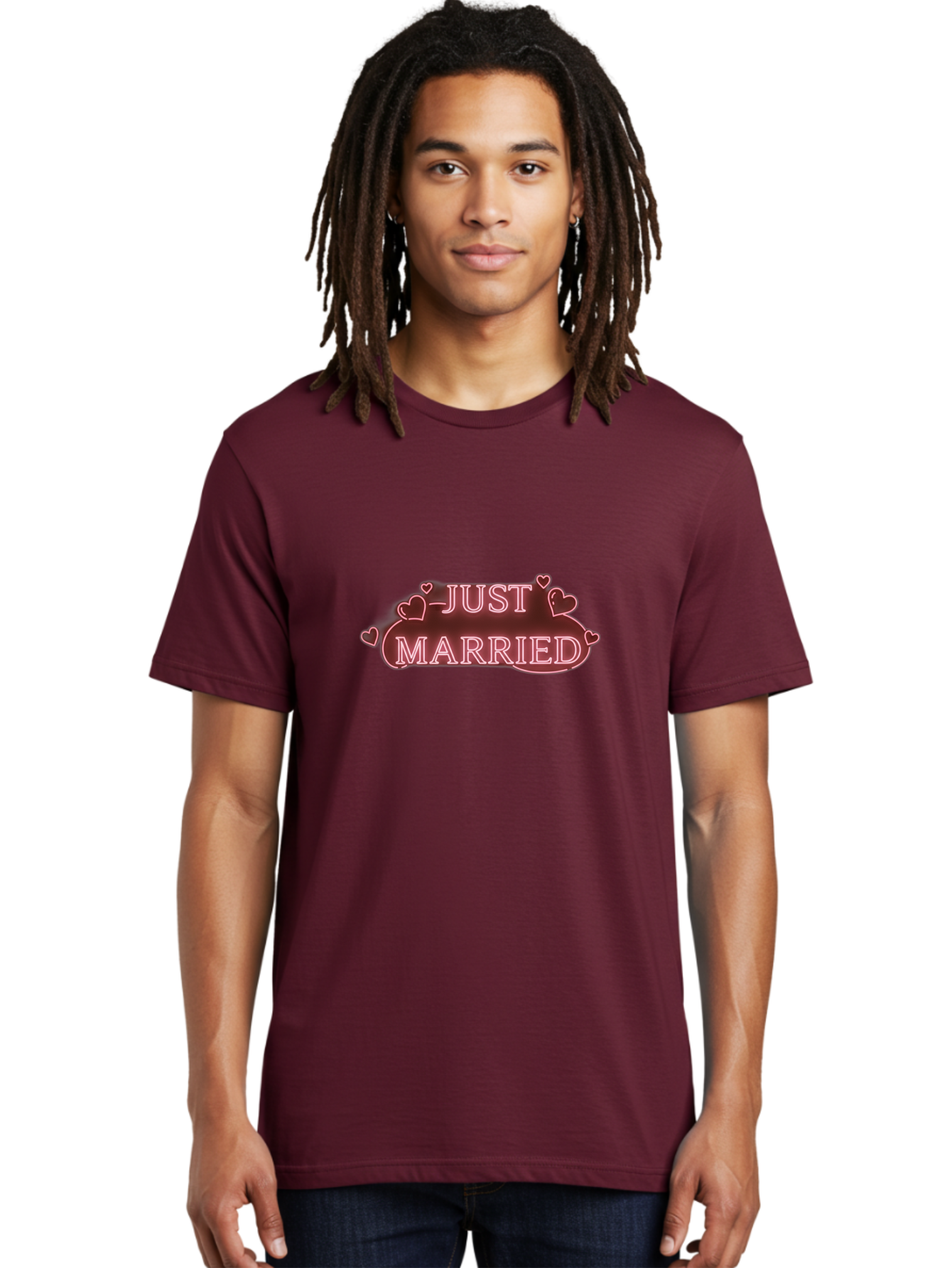 Just-Married-3 Men'S Graphic Tee, 100% Cotton, Comfortable Casual Summer Wear, Machine Washable, Just Married Sign, Wedding Decor, Love Hearts, Pink Neon Lights, Marriage Celebration, Wedding Decoration Ideas, Happy Couple, Baa887 24