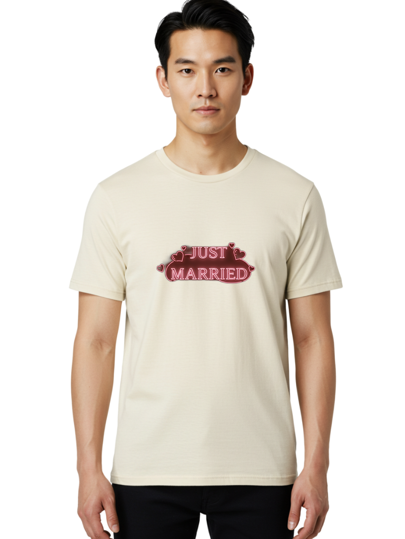 Just-Married-3 Men'S Graphic Tee, 100% Cotton, Comfortable Casual Summer Wear, Machine Washable, Just Married Sign, Wedding Decor, Love Hearts, Pink Neon Lights, Marriage Celebration, Wedding Decoration Ideas, Happy Couple, Baa887 16