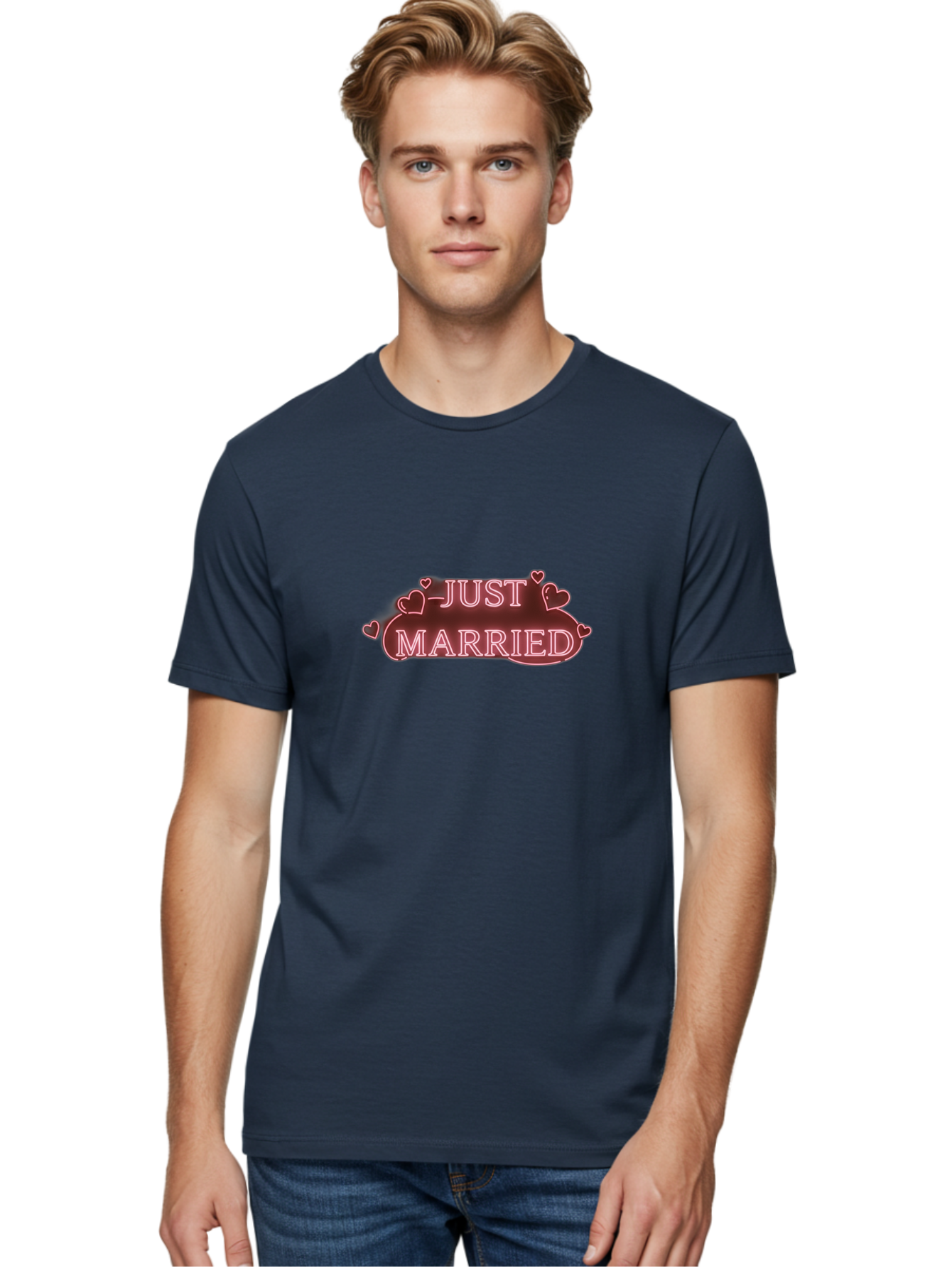 Just-Married-3 Men'S Graphic Tee, 100% Cotton, Comfortable Casual Summer Wear, Machine Washable, Just Married Sign, Wedding Decor, Love Hearts, Pink Neon Lights, Marriage Celebration, Wedding Decoration Ideas, Happy Couple, Baa887 18