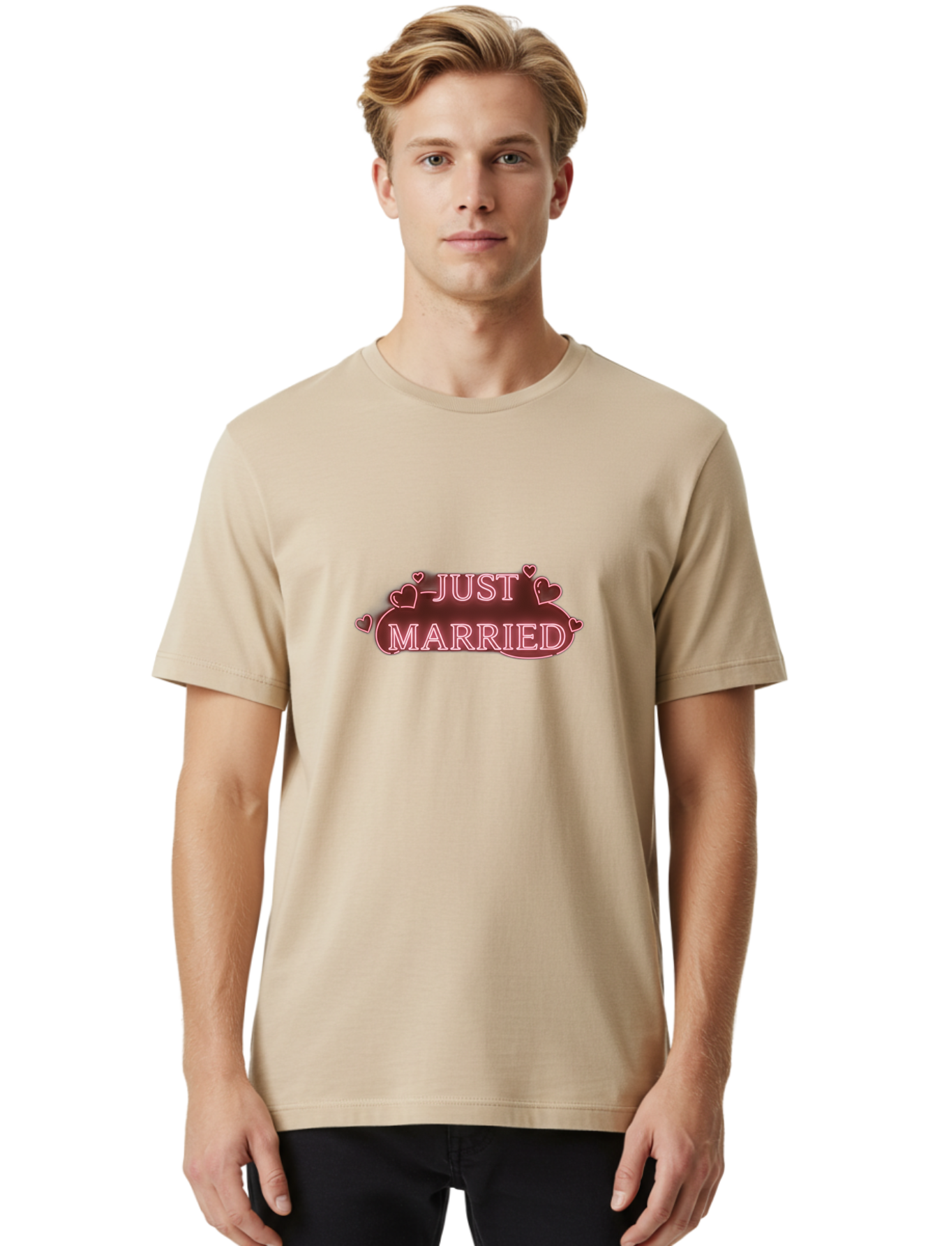 Just-Married-3 Men'S Graphic Tee, 100% Cotton, Comfortable Casual Summer Wear, Machine Washable, Just Married Sign, Wedding Decor, Love Hearts, Pink Neon Lights, Marriage Celebration, Wedding Decoration Ideas, Happy Couple, Baa887 10