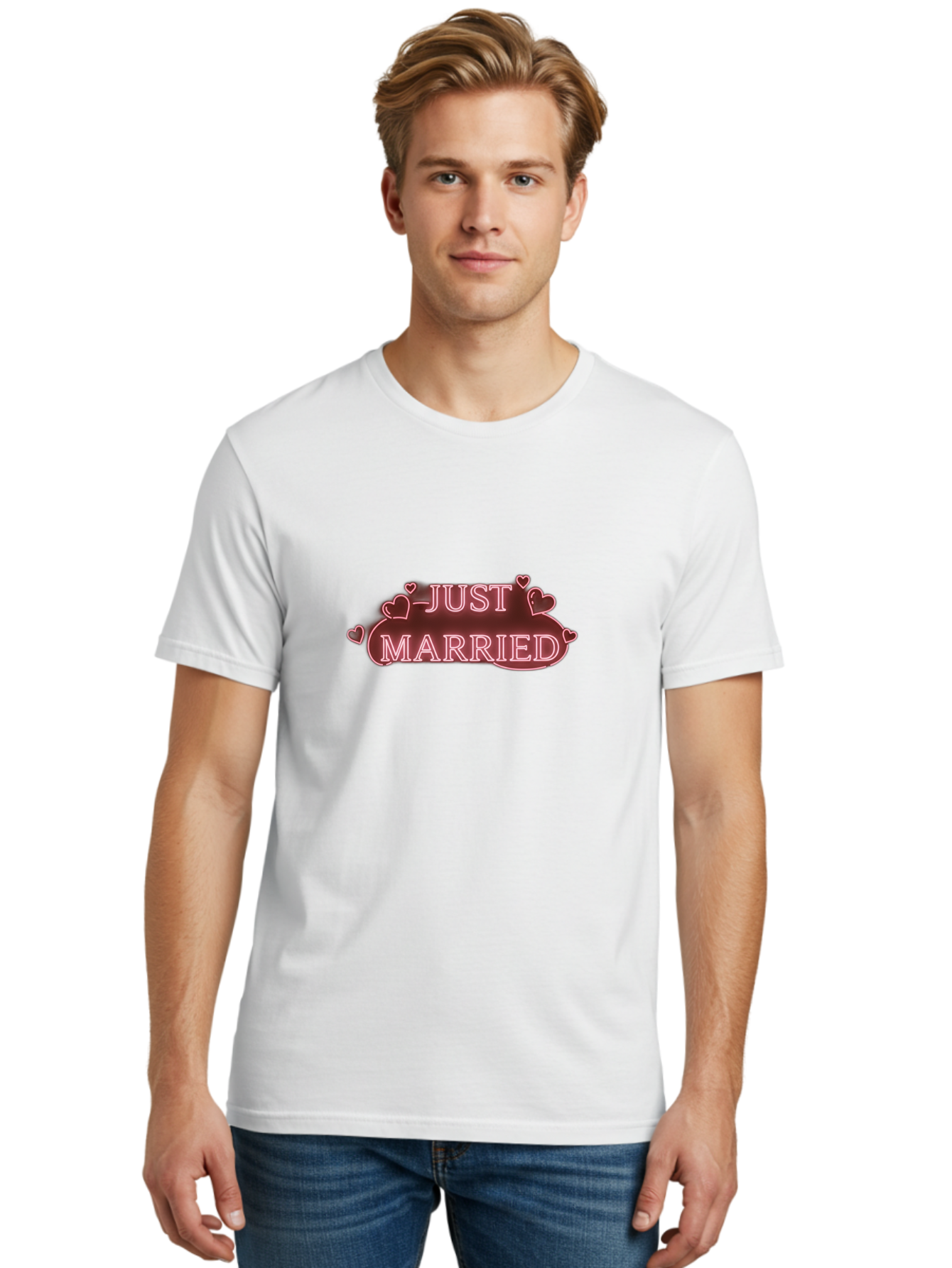 Just-Married-3 Men'S Graphic Tee, 100% Cotton, Comfortable Casual Summer Wear, Machine Washable, Just Married Sign, Wedding Decor, Love Hearts, Pink Neon Lights, Marriage Celebration, Wedding Decoration Ideas, Happy Couple, Baa887 12