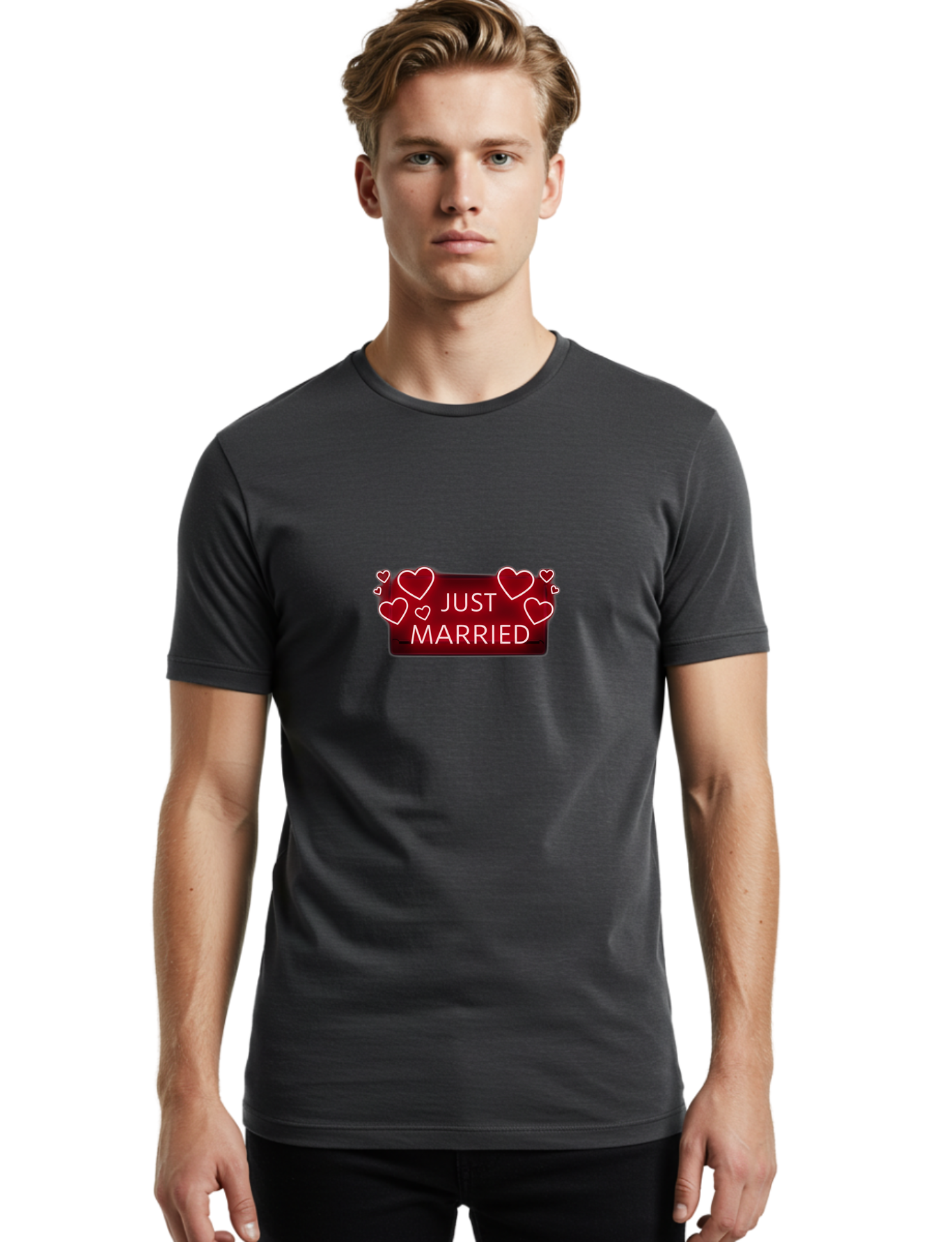 Just-Married-6 Men'S Graphic Tee, 100% Cotton, Comfortable Casual Summer Wear, Machine Washable, Marriage Celebration, Wedding Day, Just Married Sign, Red Hearts, Love Symbol, Valentines Day Gift, Romance, Wedding Decor Baa890 12