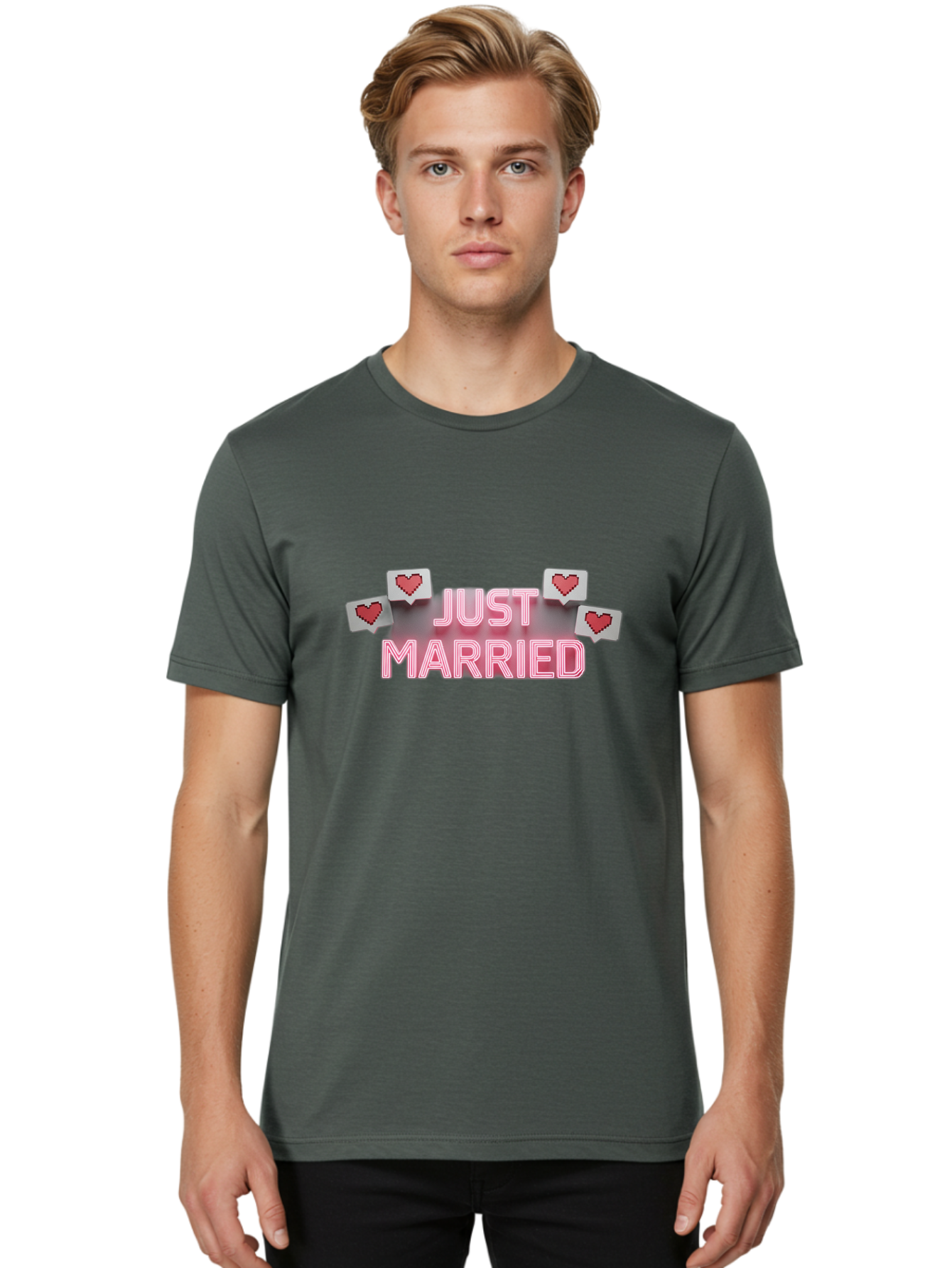 Just-Married-7 Men'S Graphic Tee, 100% Cotton, Comfortable Casual Summer Wear, Machine Washable, Just Married, Love Is In The Air, Heart-Shaped Notifications, Red Hearts, Wedding Celebration, Newlyweds, Marriage Bliss, Love Icons Baa891 16