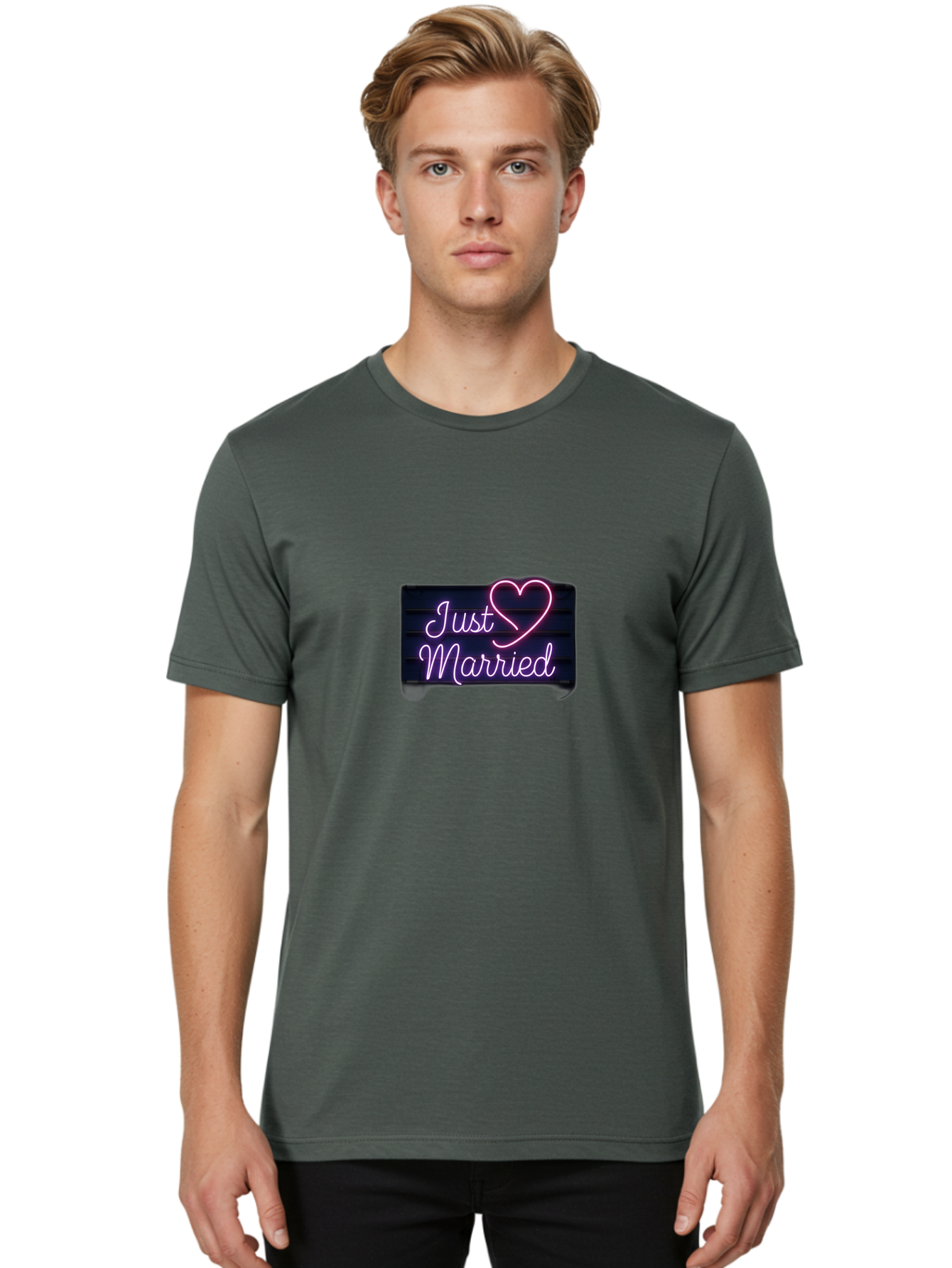Just-Married-8 Men'S Graphic Tee, 100% Cotton, Comfortable Casual Summer Wear, Machine Washable, Neon Sign, Just Married, Wedding Decor, Love Heart, Pink Neon, Marriage Celebration, Wedding Signage, Romantic Decor, Party Decoration, Baa892 26