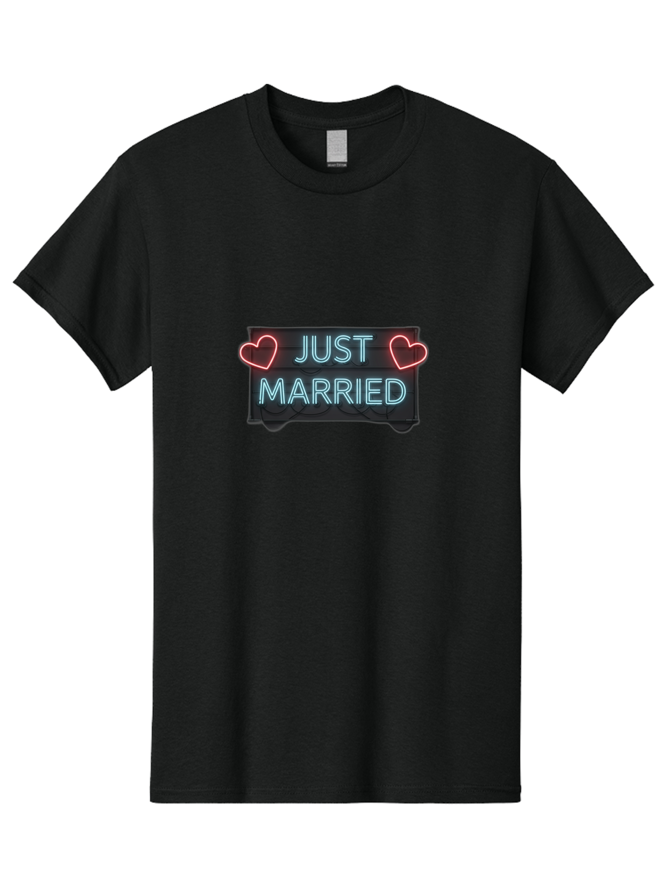 Just-Married-Neon-Sign Men'S Graphic Tee, 100% Cotton, Comfortable Casual Summer Wear, Machine Washable, Just Married Sign, Neon Lights, Love Hearts, Wedding Decoration, Romantic Ambiance, Newlyweds, Love Symbol, Glowing Hearts, Baa894 5