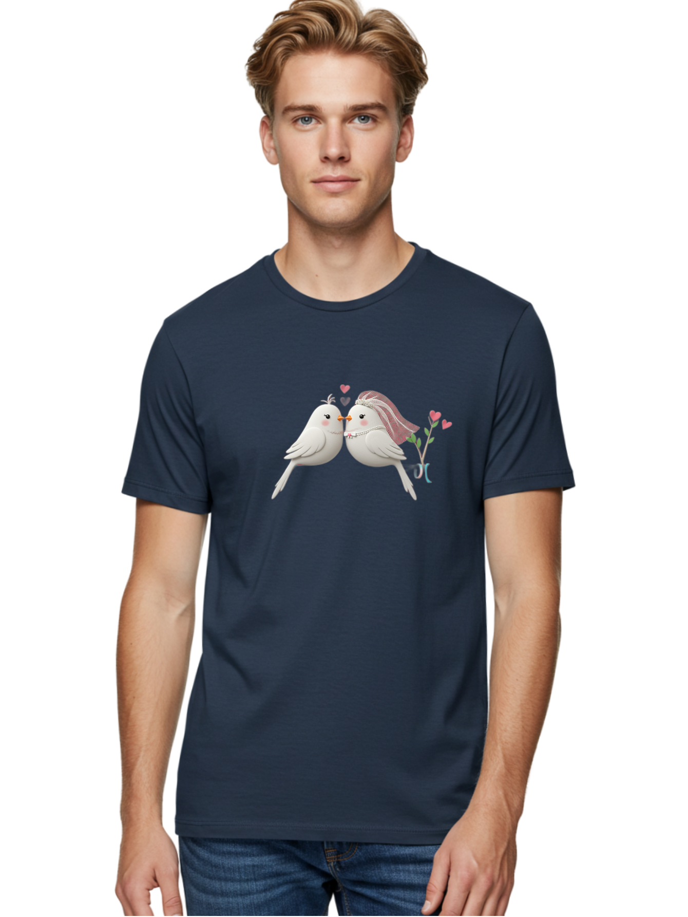 Kissing-Birds Men'S Graphic Tee, 100% Cotton, Comfortable Casual Summer Wear, Machine Washable, Wedding Birds, Couple Love Birds, Kissing Birds, Cartoon Birds, Digital Art, Cute Birds, Romance, Love, Hearts, Flowers, Wedding Theme Baa901 30