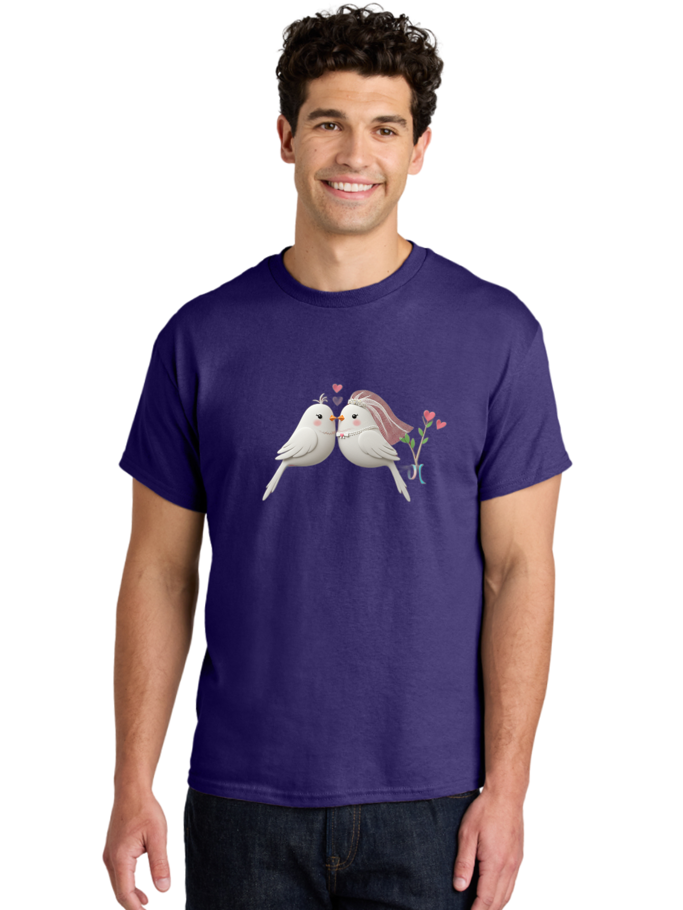 Kissing-Birds Men'S Graphic Tee, 100% Cotton, Comfortable Casual Summer Wear, Machine Washable, Wedding Birds, Couple Love Birds, Kissing Birds, Cartoon Birds, Digital Art, Cute Birds, Romance, Love, Hearts, Flowers, Wedding Theme Baa901 10