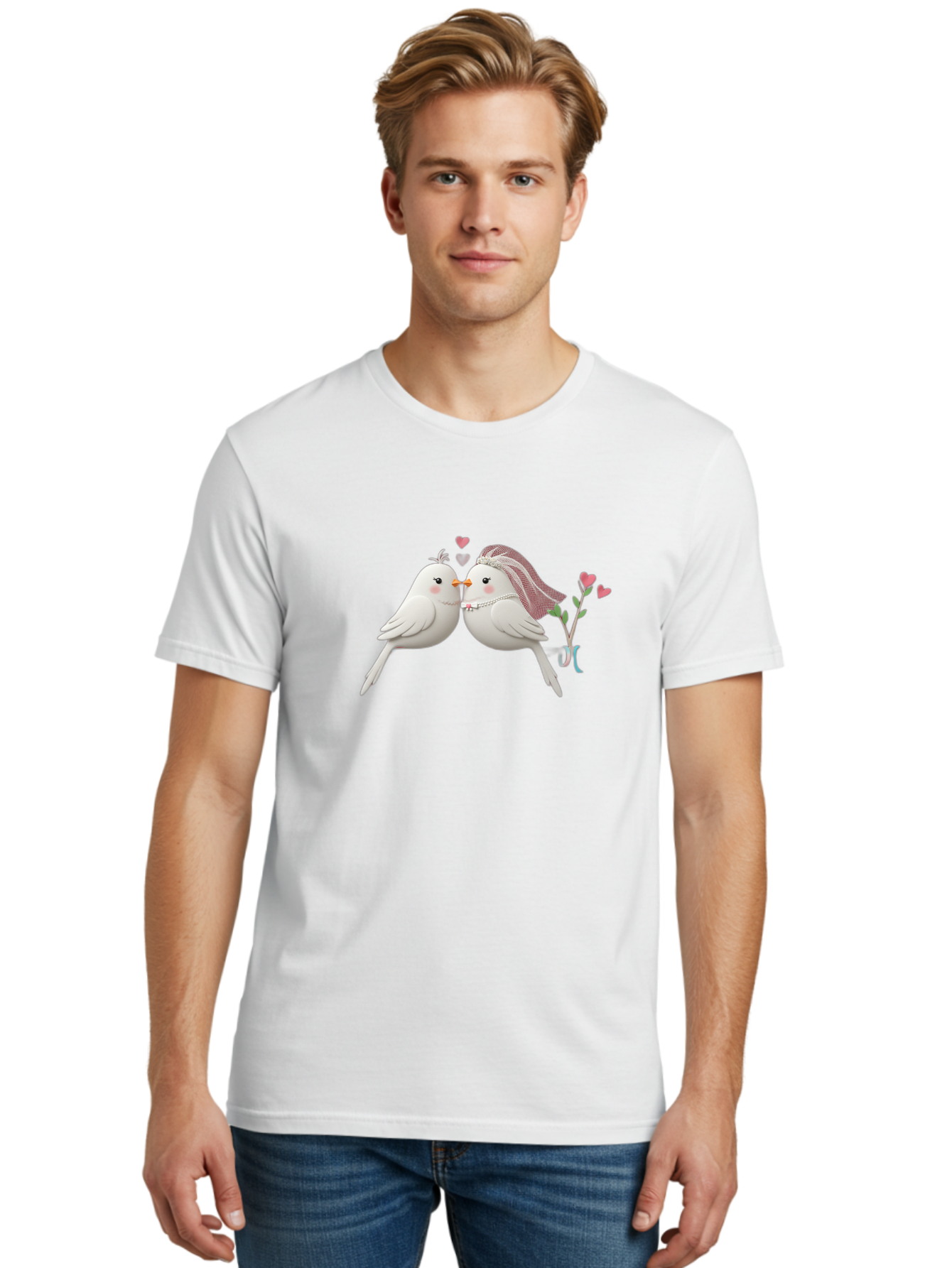 Kissing-Birds Men'S Graphic Tee, 100% Cotton, Comfortable Casual Summer Wear, Machine Washable, Wedding Birds, Couple Love Birds, Kissing Birds, Cartoon Birds, Digital Art, Cute Birds, Romance, Love, Hearts, Flowers, Wedding Theme Baa901 14