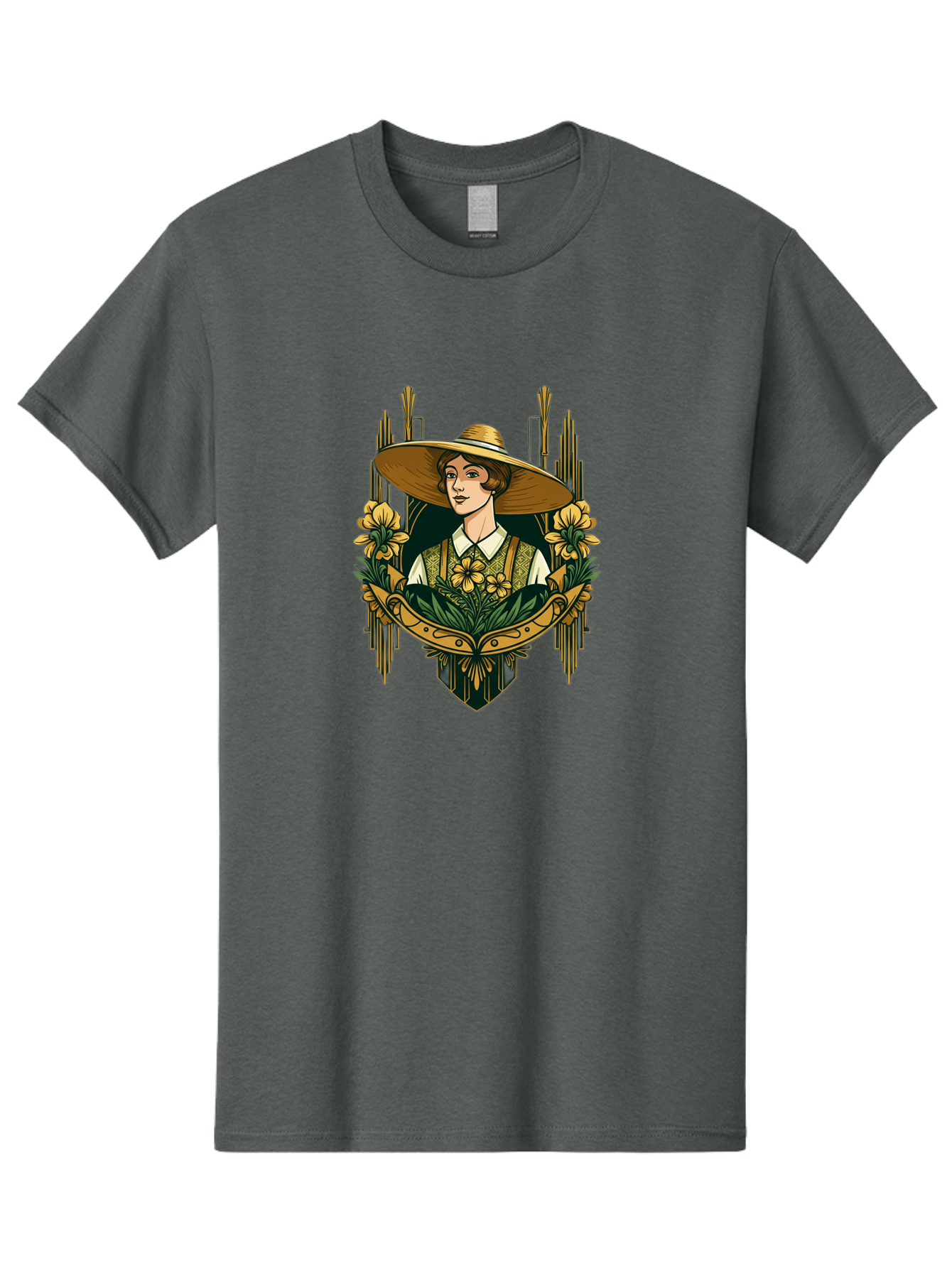 Lady-With-Sun-Hat Men'S Graphic Tee, 100% Cotton, Comfortable Casual Summer Wear, Machine Washable, Woman Wearing Sun Hat, Floral Arrangement, Yellow Flowers, Vintage Style, Art Nouveau, Natural Elegance, Feminine Charm, Decorative Elements, Baa910 3
