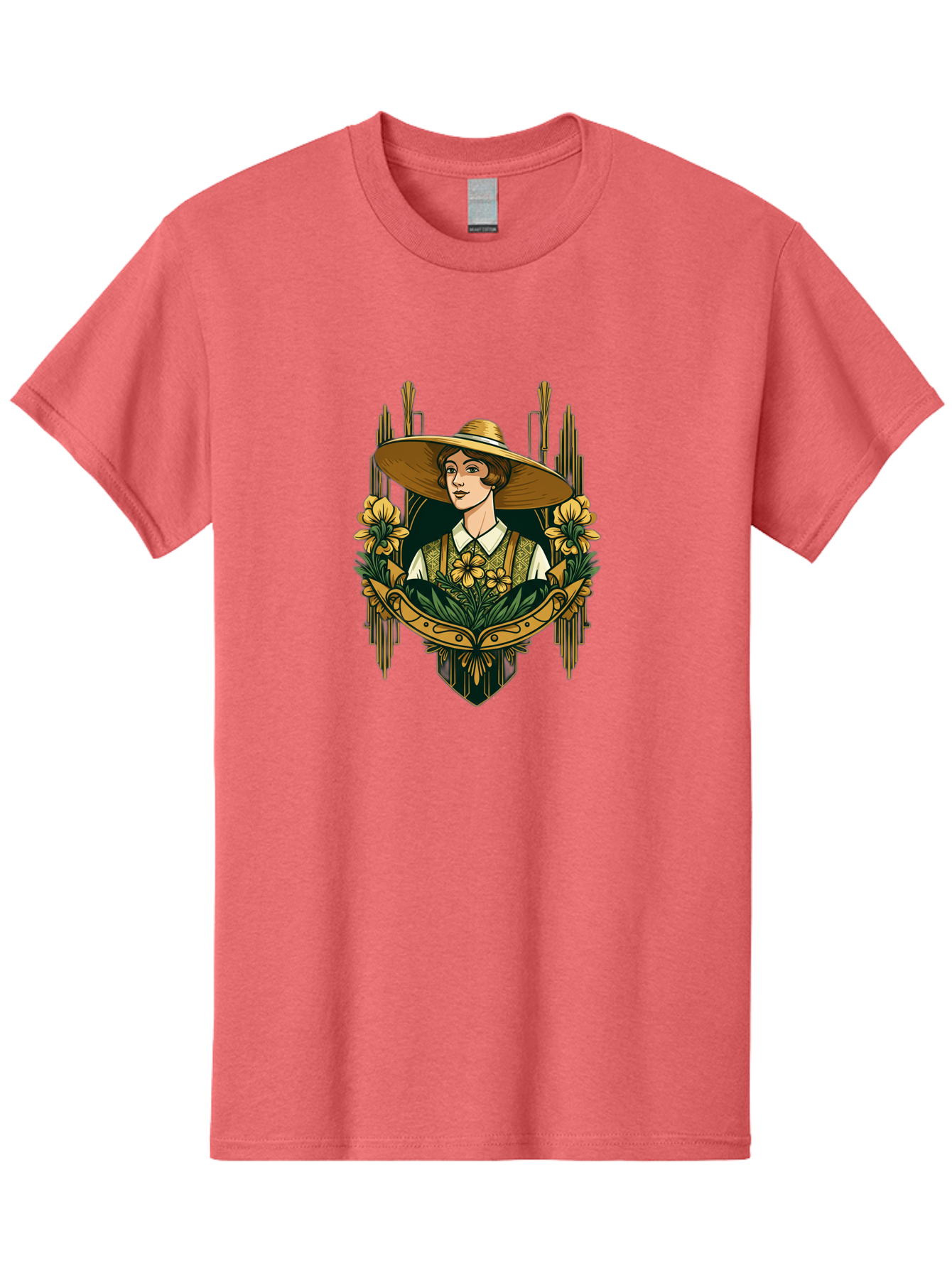 Lady-With-Sun-Hat Men'S Graphic Tee, 100% Cotton, Comfortable Casual Summer Wear, Machine Washable, Woman Wearing Sun Hat, Floral Arrangement, Yellow Flowers, Vintage Style, Art Nouveau, Natural Elegance, Feminine Charm, Decorative Elements, Baa910 21